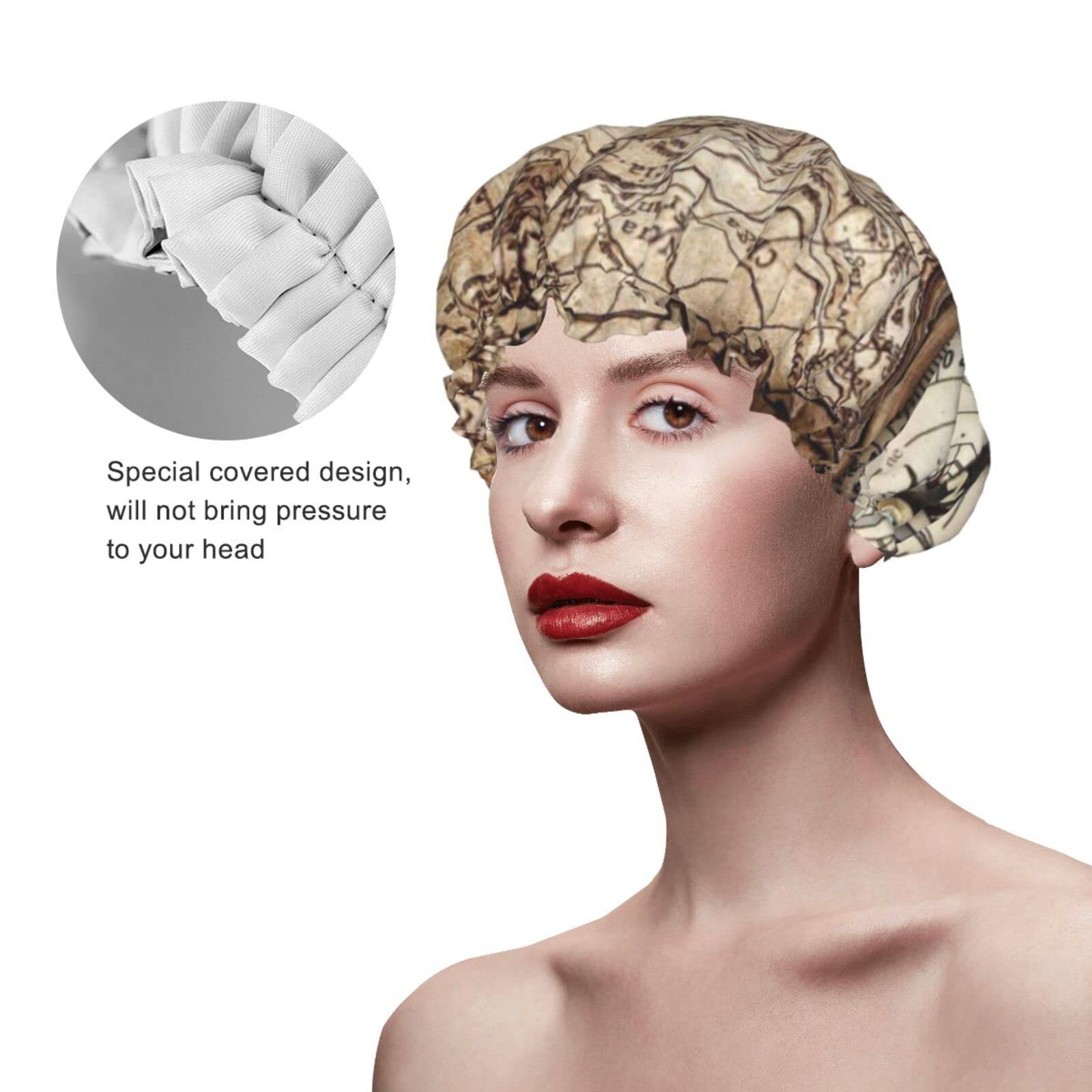 Waterproof Reusable Shower Cap for Women - Nautical Compass Map Design, Double Layer Bathing Hair Cap for Shower, Swimming & Spa - Perfect for Travel, Gym & Home Use