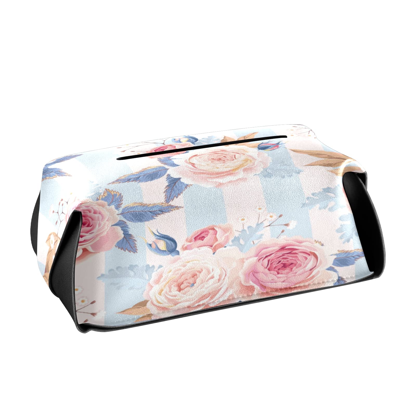 Multicolor Peony Flower Stripe PU Leather Tissue Box Cover - Decorative Rectangle Tissue Holder for Bathroom, Nightstand, Office Desk & Car (9.4