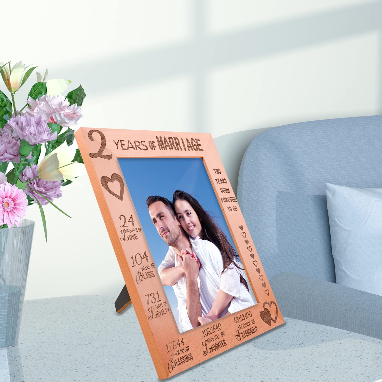 2nd Anniversary Wood Photo Frame - Engraved Wedding Picture Frame for Couples, Wife, Husband - Perfect 2 Year Marriage Gift for Her or Him - Ideal for Home Decor, Wedding Anniversaries & Romantic Keepsakes