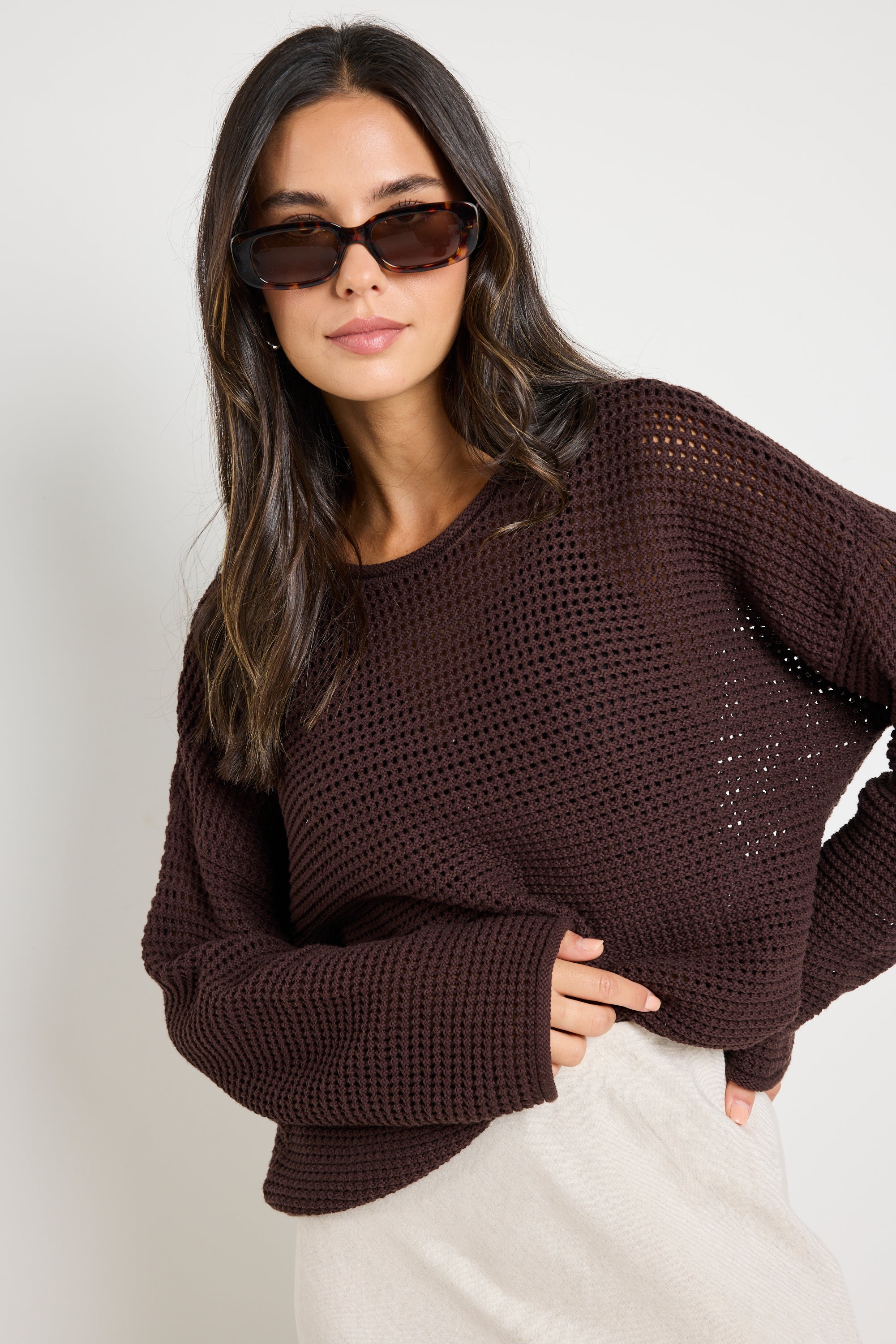 Premium Dawn Chocolate Brown Crochet Knit Jumper Sweater | Women's Boho Chic Winter Pullover | Perfect for Cozy Fall Evenings & Holiday Gatherings