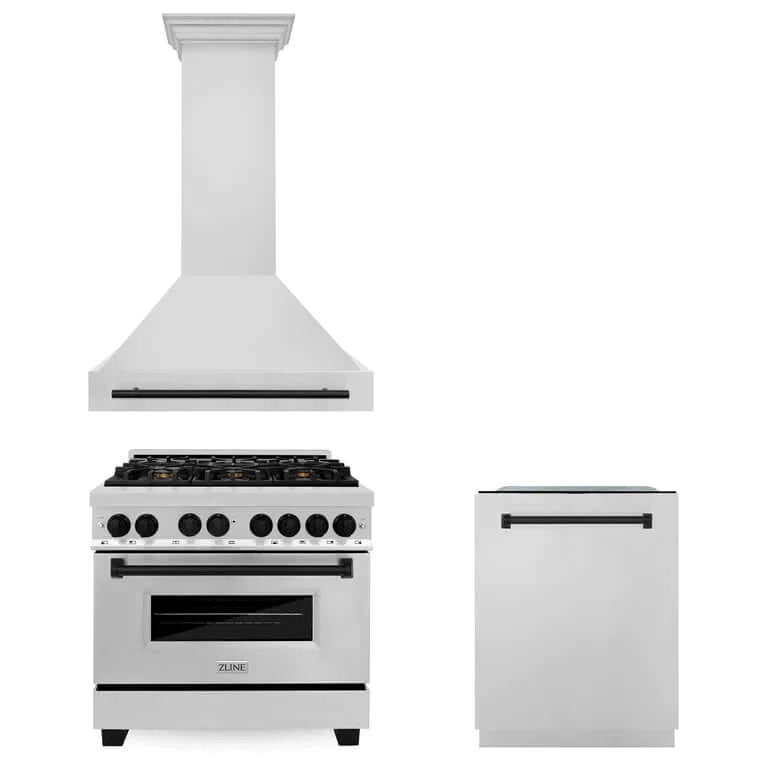 ZLINE Autograph Edition 36-inch Stainless Steel Dual Fuel Range, Range Hood & Dishwasher Kitchen Package with Matte Black Accents (3AKP RARHDWM36 MB) - Perfect for Modern Kitchens, Restaurant-Style Cooking & Luxury Home Upgrades