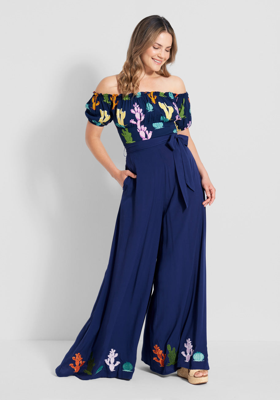 ModCloth x Collectif Cacti Print Wide Leg Pants for Women - Retro Vintage High Waist Trousers - Perfect for Casual Wear, Office Outfits & Summer Fashion