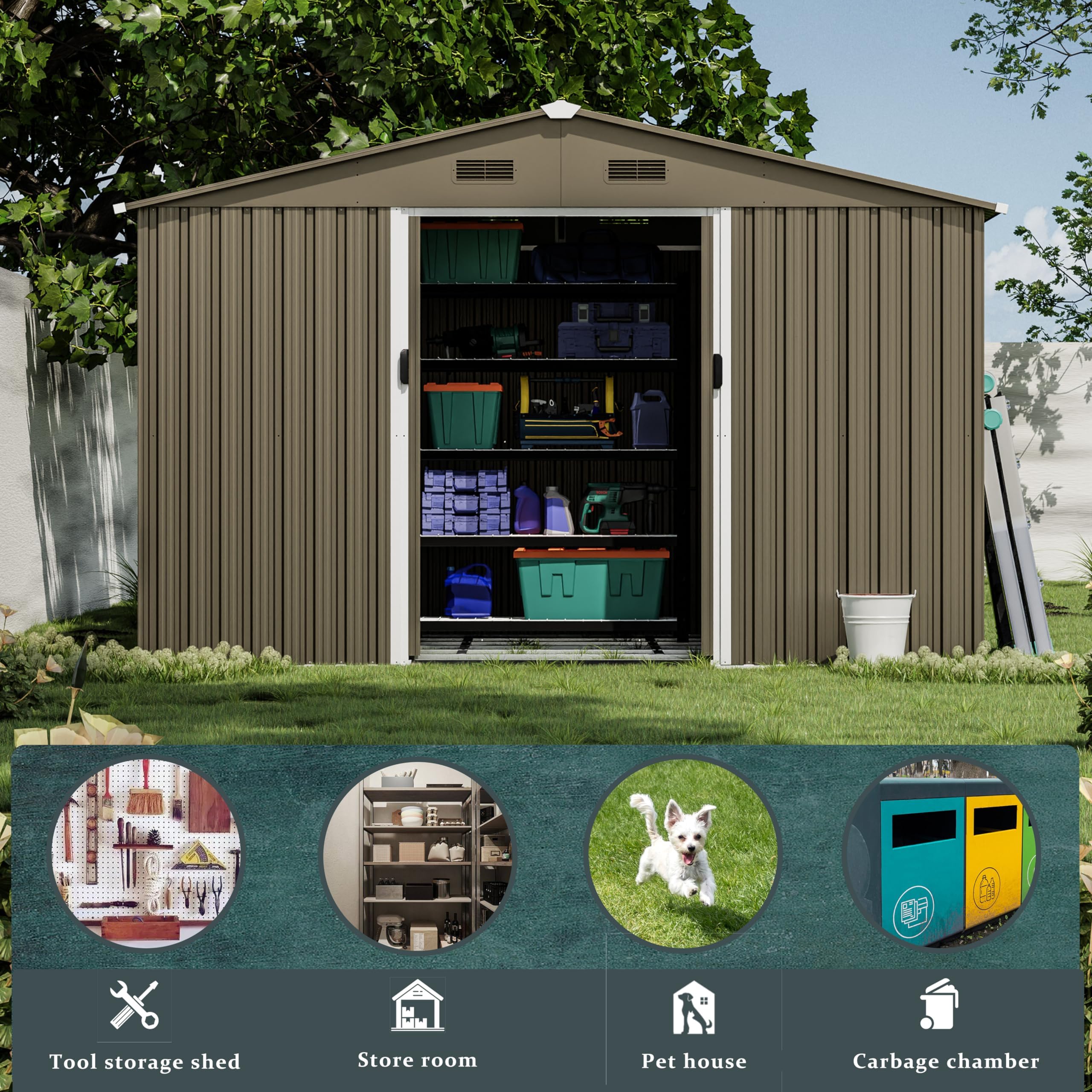 10FT x 8FT Outdoor Metal Storage Shed - Waterproof & Lockable with Sliding Door & Ventilation - Heavy Duty Garden Tool Storage for Lawn Equipment, Yard Supplies & Outdoor Organization - Perfect for Backyard, Patio & Garage Storage