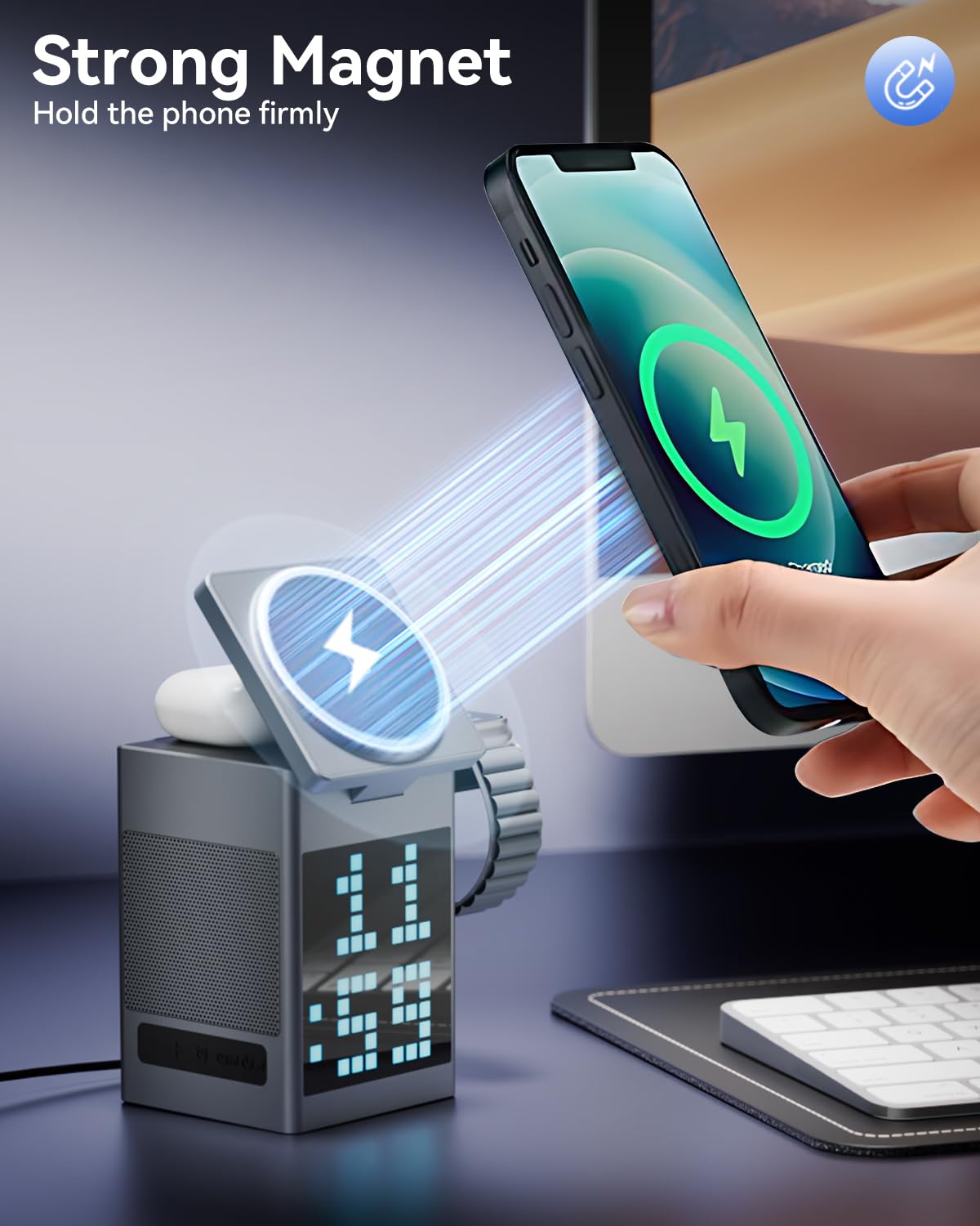 Vivilumens 3-in-1 Wireless Charging Station with Bluetooth Speaker, Magsafe Charger Stand & Alarm Clock - Pixel Display, Fast Charging for iPhone, Android - Perfect for Bedside, Office, Home, Travel & Gift for Men Women