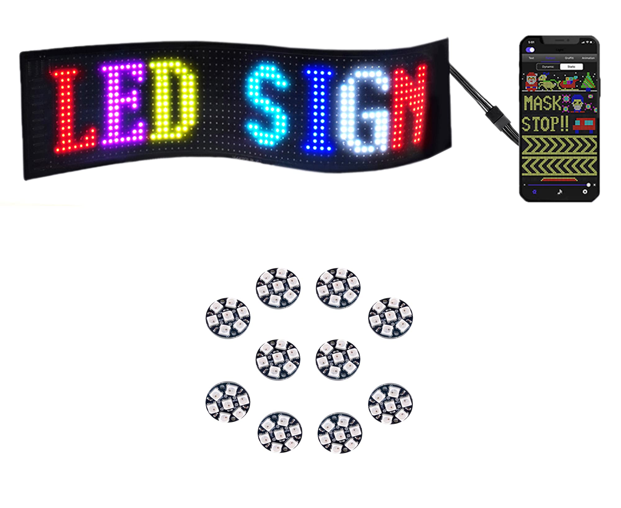 DIYmall 10PCS 7 Bits RGB LED Ring Light Kit with WS2812B/SK6812 5050 LEDs + Smart APP Controlled Flexible LED Matrix Panel for Car Sign Display - Perfect for DIY Projects, Home Decoration, Stage Lighting, and Automotive Customization