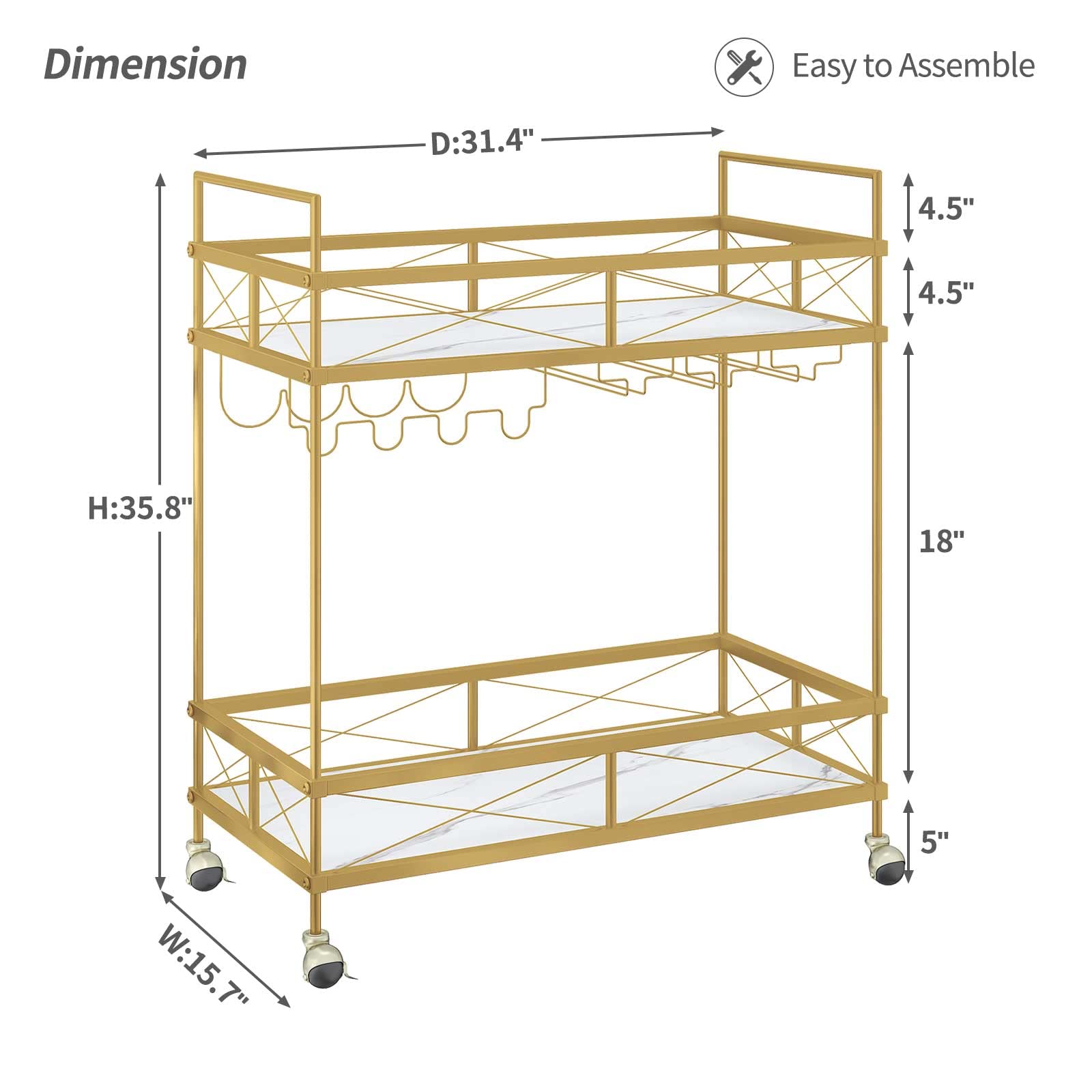 ASYA Gold Home Bar Serving Cart with Marble Shelves & Wine Rack - Modern Rolling Mini Bar Cart for Dining Room, Living Room, Home Bar - Perfect for Cocktail Parties, Wine Tasting & Home Entertaining