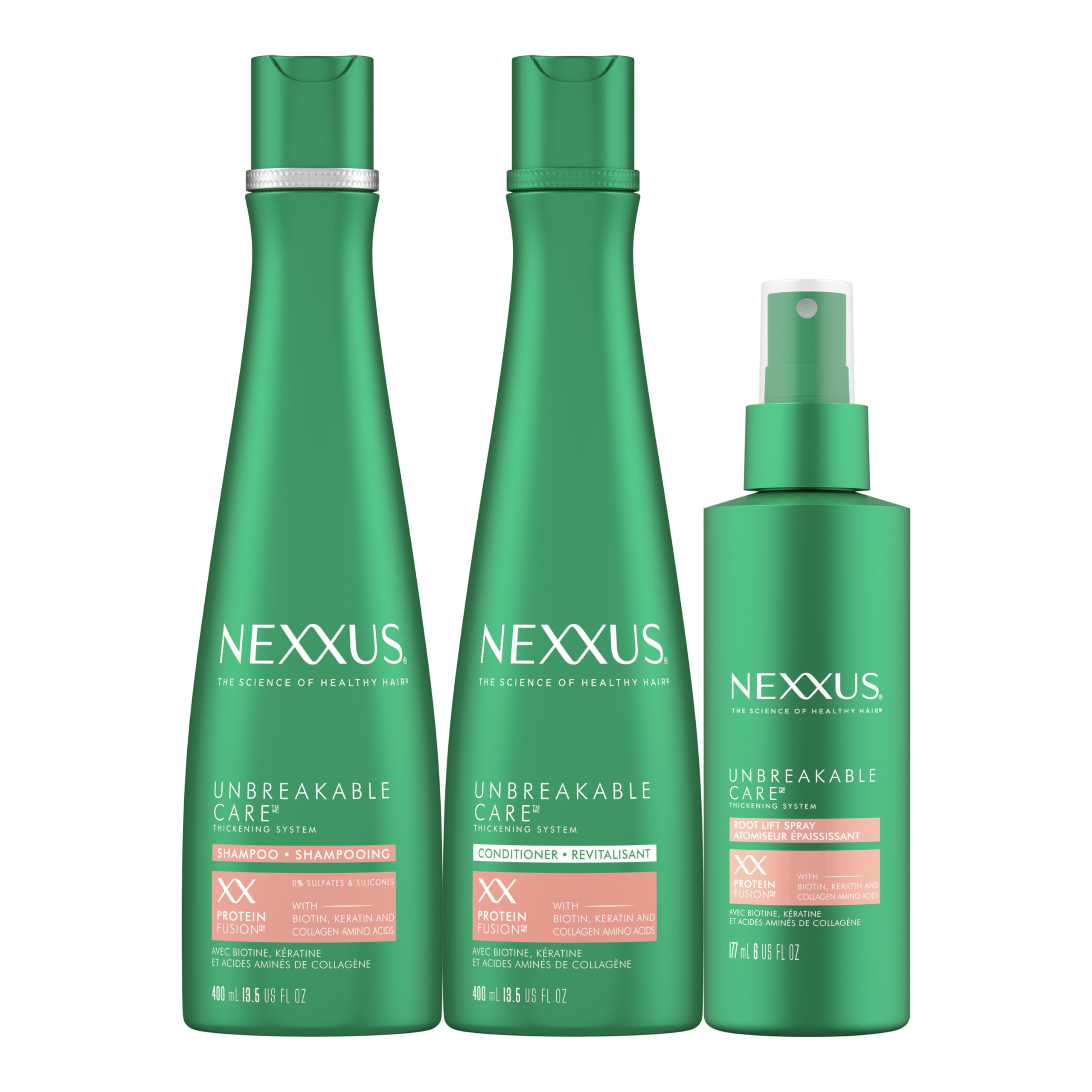 Nexxus Unbreakable Care Shampoo, Conditioner & Leave-In Spray 3-Pack for Fine Thin Hair - Keratin Collagen Biotin Treatment (13.5oz + 6oz) - Volumizing Hair Care Set for Daily Use & Damaged Hair Repair