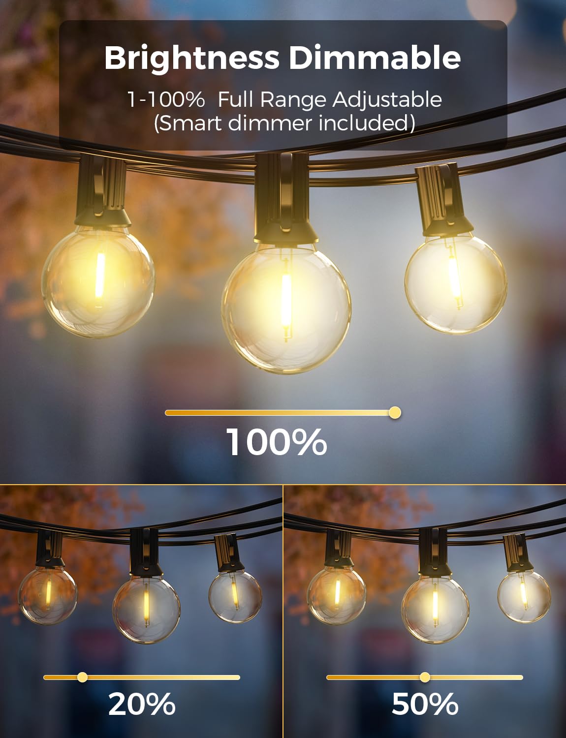 Smart 50Ft Outdoor String Lights with 25 Dimmable G40 Globe Bulbs - APP & Alexa Control, Waterproof Connectable LED Patio Lights for Backyard, Garden, Deck & Wedding Decor