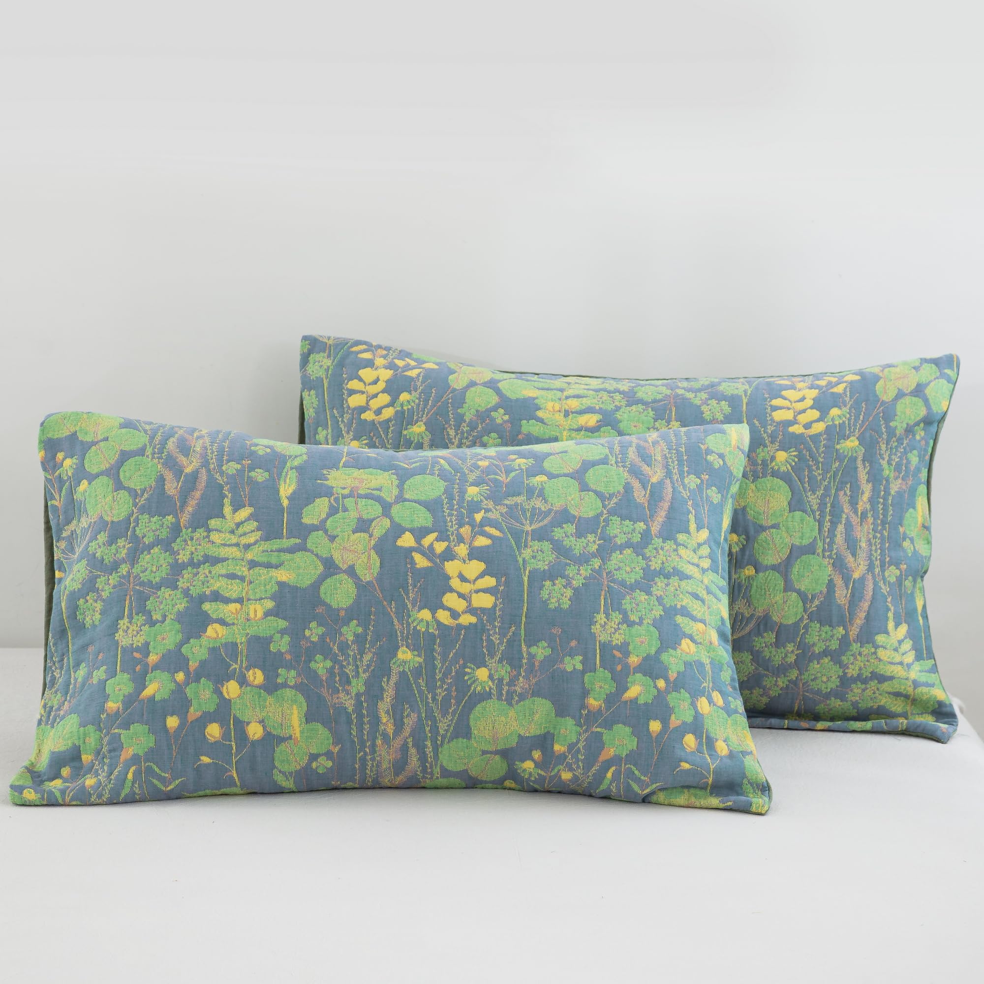 Premium 100% Cotton Muslin Pillow Shams Set of 2 - Jacquard Floral Botanical Print Pillow Covers, Soft 3-Layer Gauzy Reversible Pillow Protectors (20
