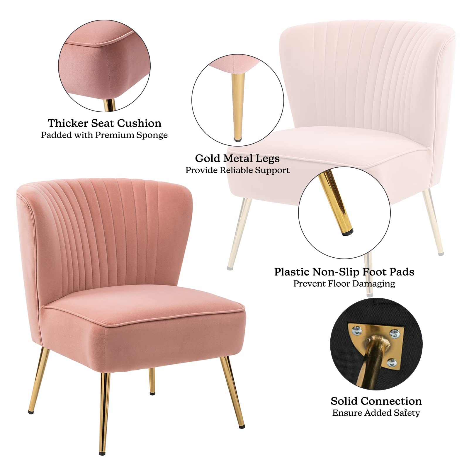 Monica Velvet Armless Side Chair Set of 2 - Upholstered Accent Chairs with Golden Legs, Mid Century Modern Wingback Slipper Chairs for Living Room, Bedroom & Guest Room - Blush Pink - Perfect for Home Decor, Lounge Seating & Elegant Gatherings