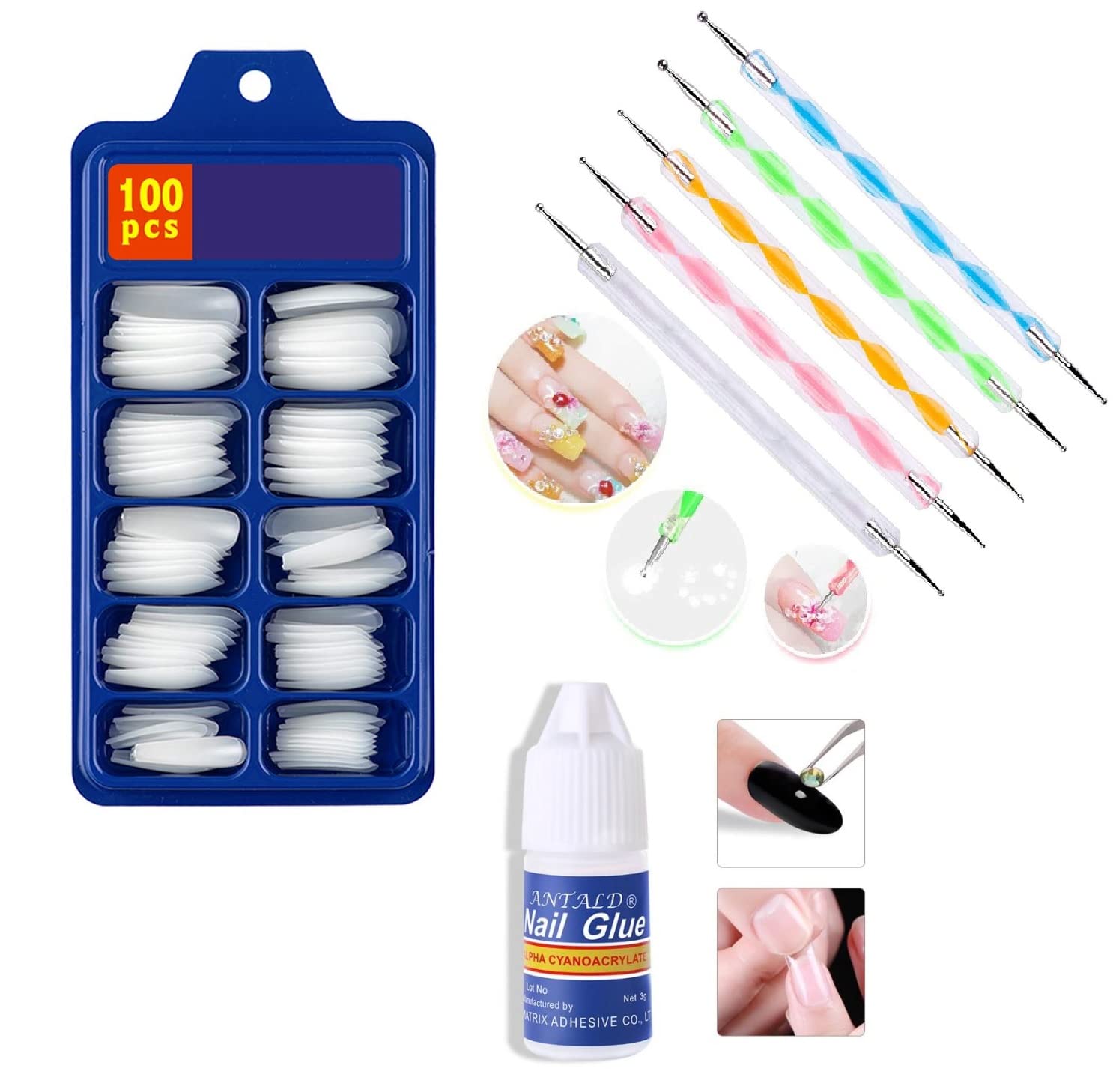 Premium Artificial Nails Set with Strong Nail Glue & Dual-End Dotting Pen Tool - Perfect for DIY Nail Art, Salon Professionals & Home Manicures
