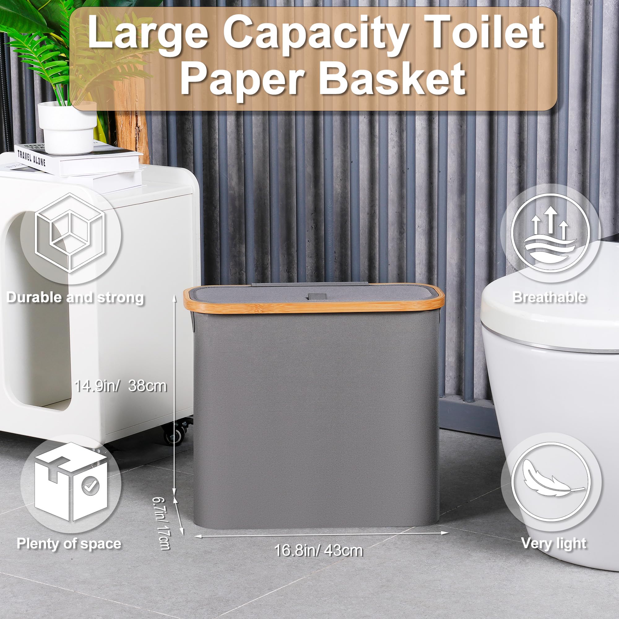 28L Grey Toilet Paper Storage Basket with Lid - Free Standing Bathroom Organizer Holds 9-12 Rolls | Perfect for Small Spaces, Apartment Bathrooms & Clutter-Free Organization