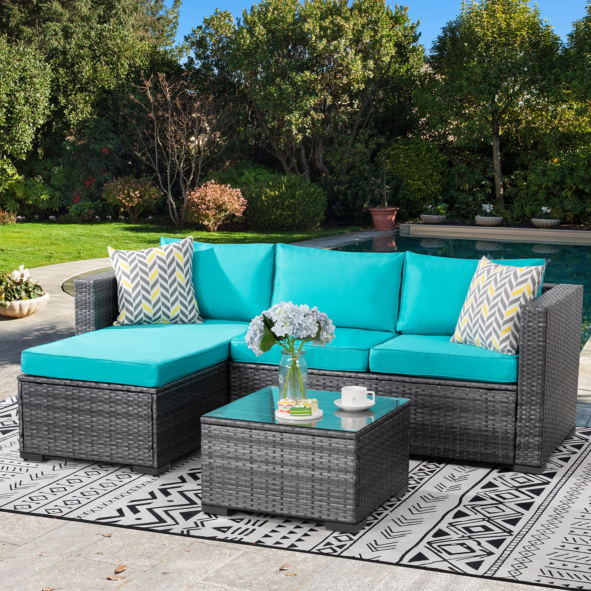 **JAMFLY 3-Piece All-Weather Wicker Patio Furniture Set - Outdoor Sectional Sofa with Coffee Table & Cushions, Sky Blue - Perfect for Backyard, Garden, Poolside & Patio Relaxation**