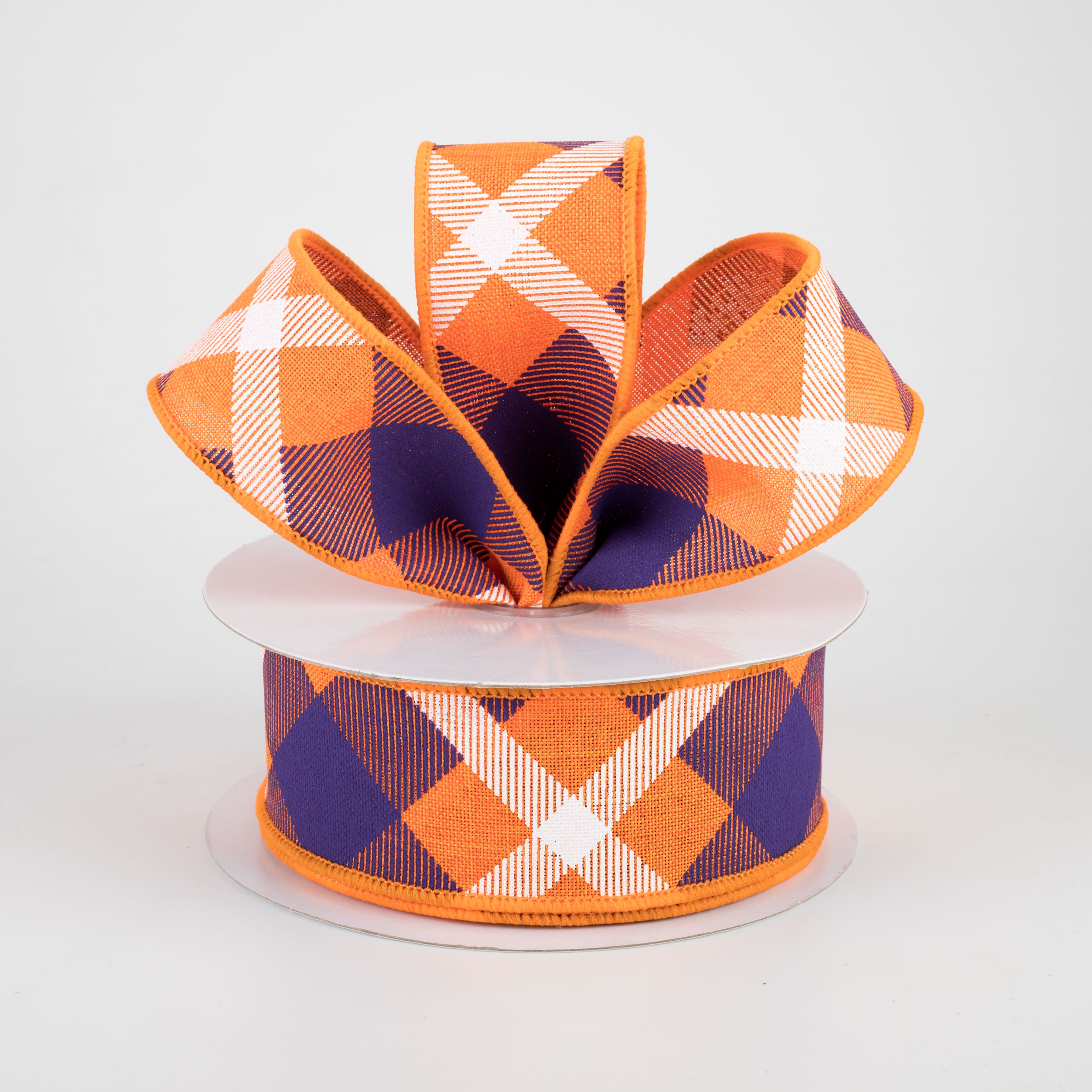 1.5 Inch Printed Plaid Ribbon - Orange, Purple & White Checkered Craft Ribbon (10 Yards) for Gift Wrapping, DIY Crafts & Holiday Decorations