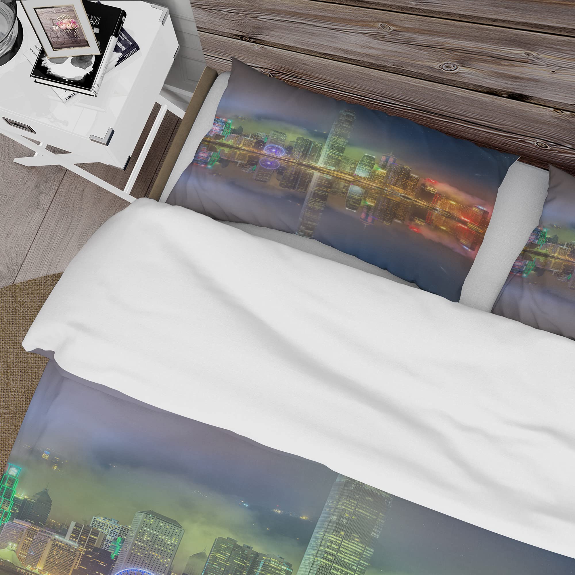 DesignQ Hong Kong Panoramic View Industrial Duvet Cover Set - King Size Green Beach Bedding 3-Piece Set | All Season Comfort for Modern Bedrooms & Coastal Home Decor