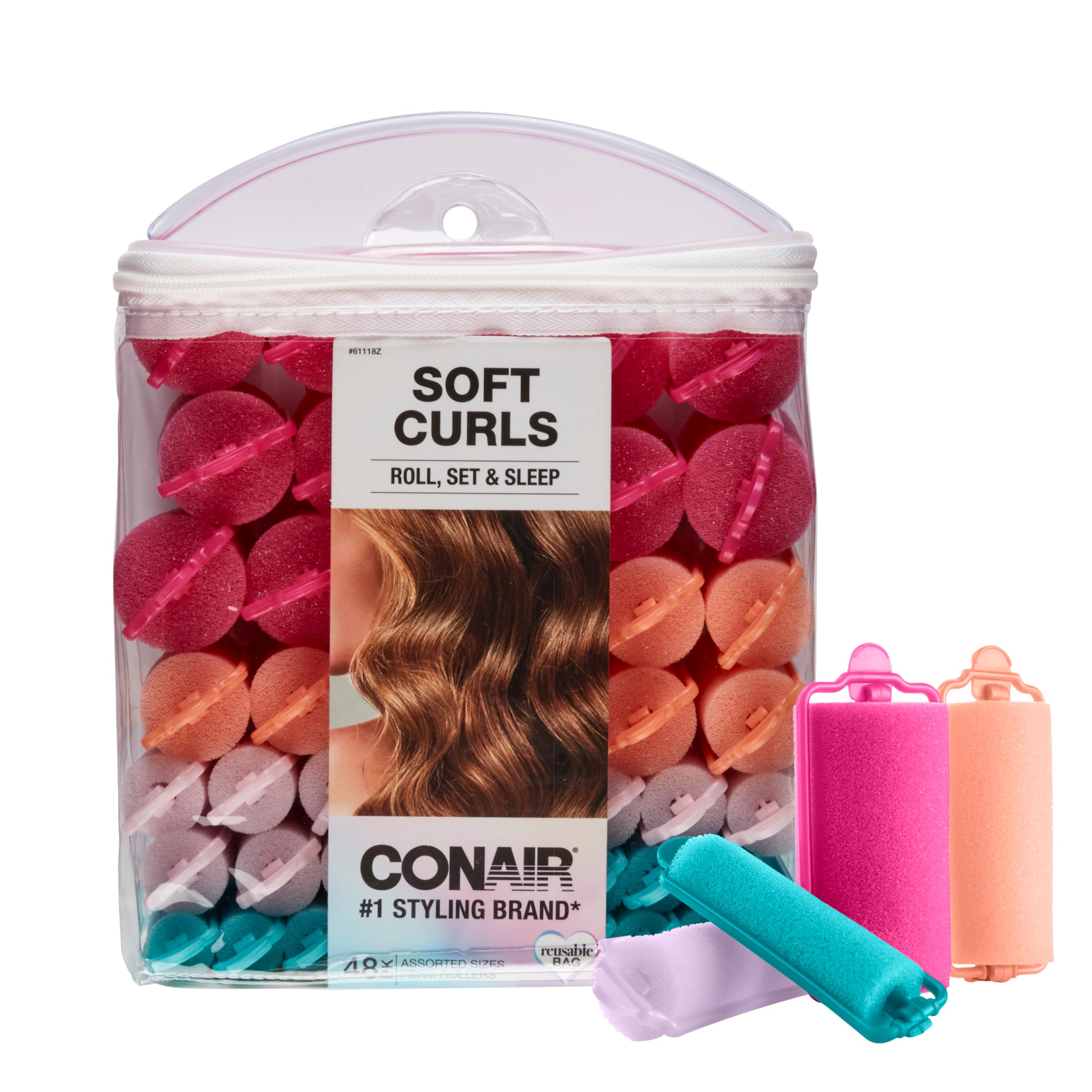 Conair Foam Hair Rollers 48-Pack for Heatless & Overnight Curls - Assorted Colors with Storage Case - Perfect for Home Salon, Party Hairstyles & Travel Use