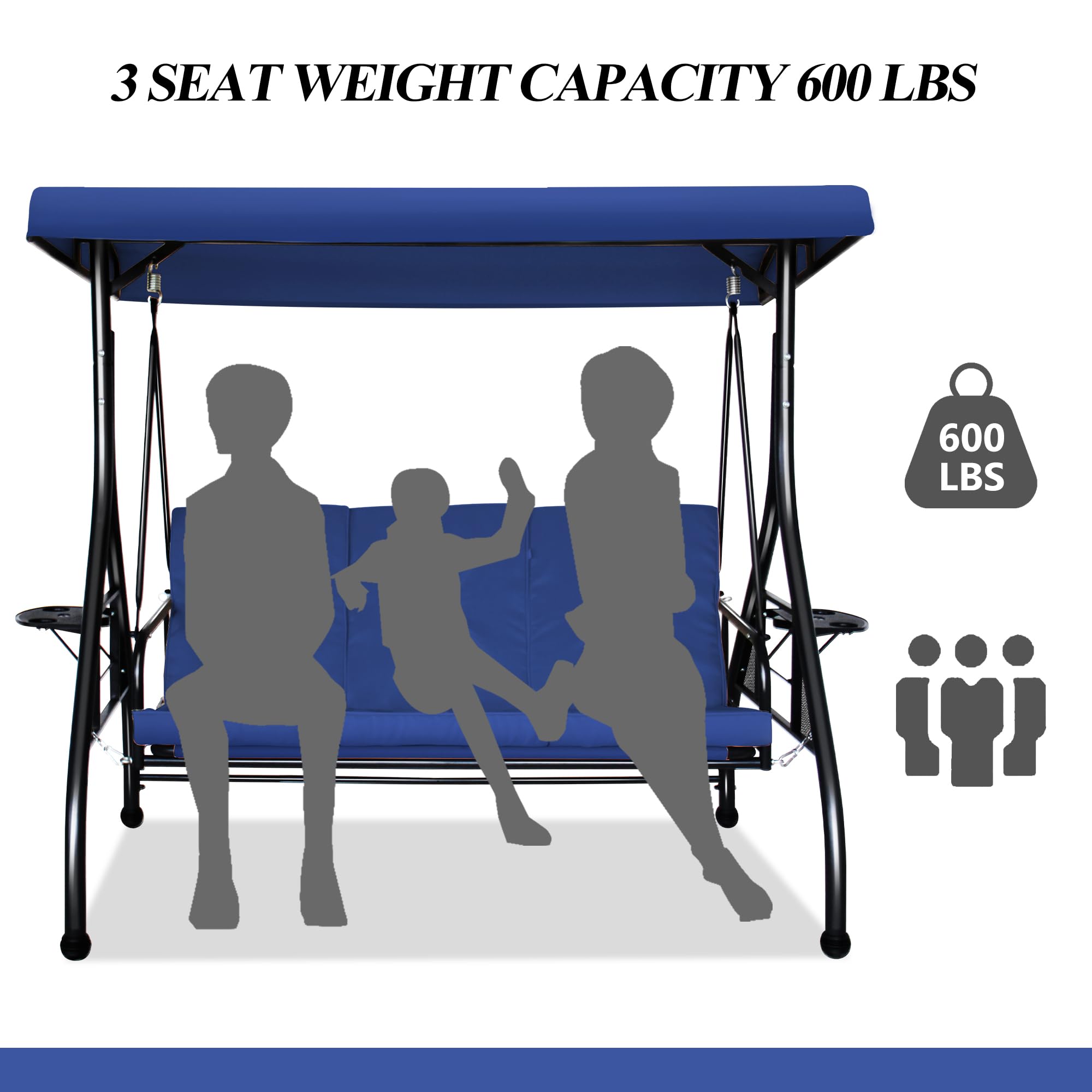 COVERONICS 3-Seat Outdoor Porch Swing with Convertible Canopy - Adjustable Shade & Removable Cushions - Navy Blue Patio Lounge Chair for Deck, Backyard, Poolside - Perfect for Relaxing, Sunbathing & Outdoor Entertaining