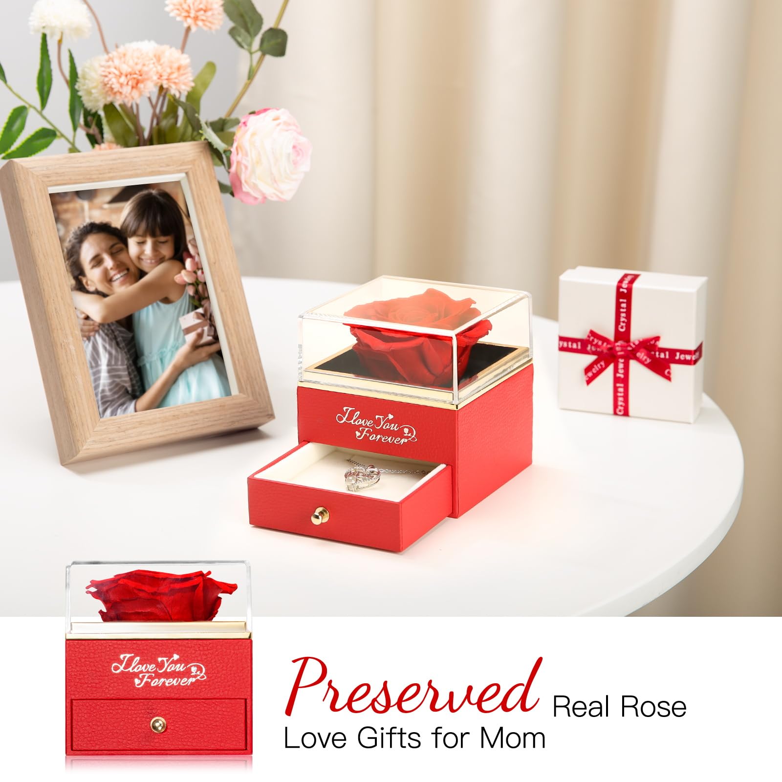 WILDLOVE Preserved Real Red Rose with Mom Necklace - Eternal Flower Gift for Mother's Day, Christmas & Birthday - Long Lasting Keepsake Jewelry for Women - Perfect for Home Decor, Anniversary Surprise & Special Occasion Gifts