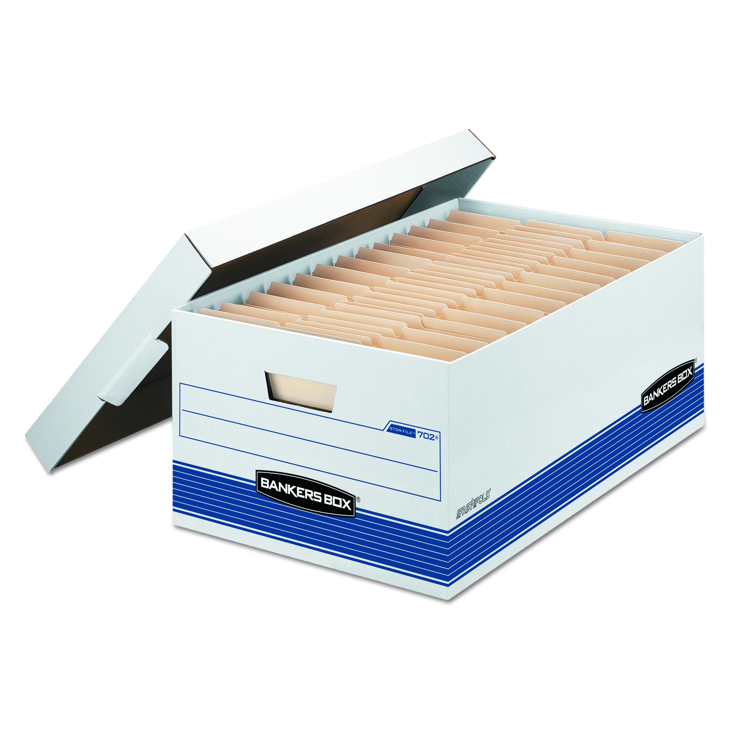 Bankers Box 0070205 STOR/FILE Legal Size Storage Box with Locking Lid - White/Blue (Case of 4) - Perfect for Office Document Organization and Secure File Storage
