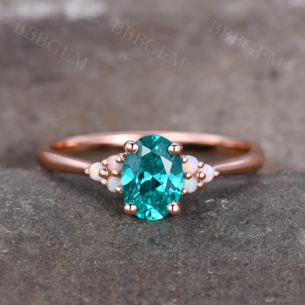 5x7mm Oval Cut Green Garnet Engagement Ring in 14K Rose Gold with Opal Accent Stones - Perfect for Weddings, Anniversaries & Romantic Gifts