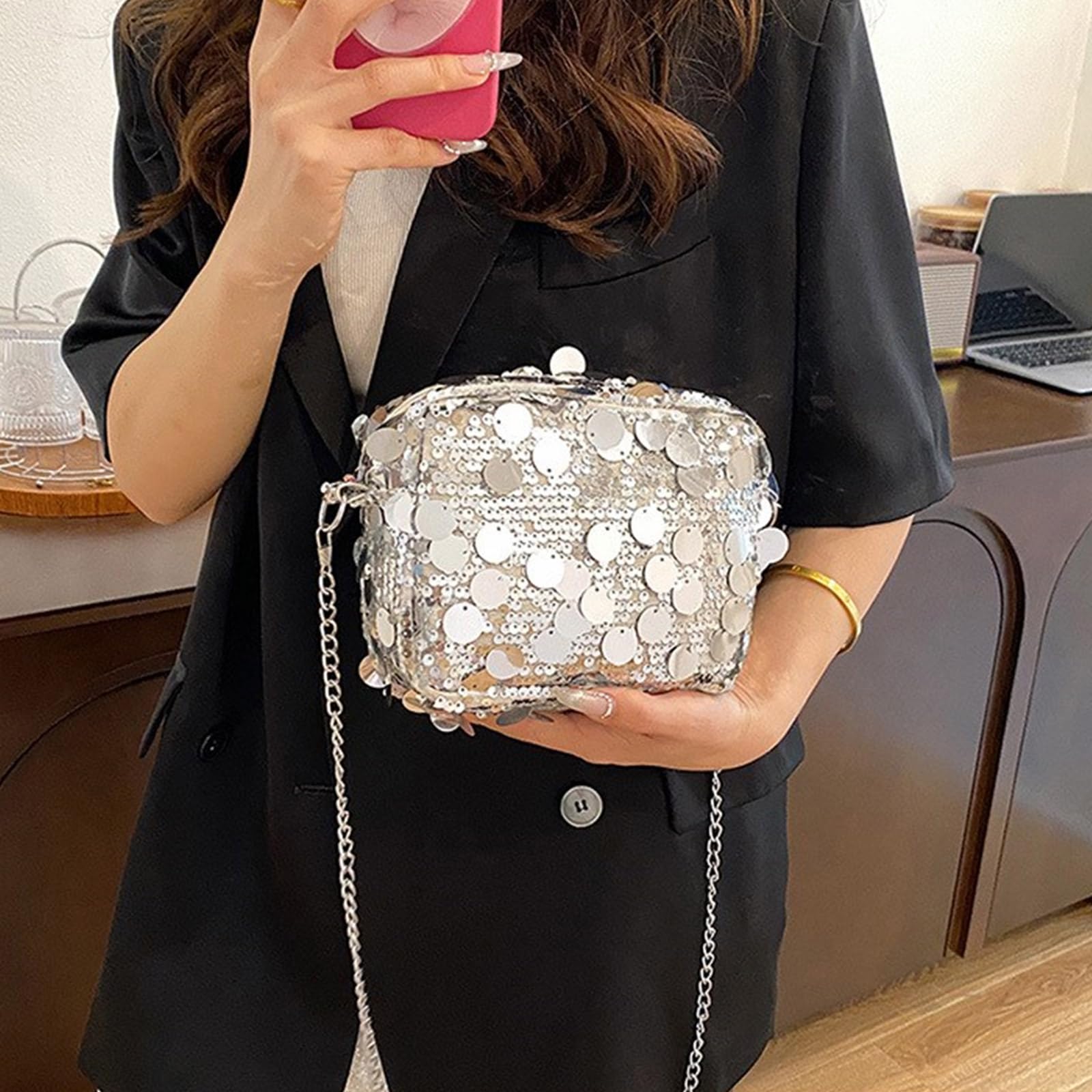 Sparkling Sequined Evening Bag for Women - Elegant Shoulder & Crossbody Purse with Detachable Chain | Perfect for Parties, Weddings & Special Occasions
