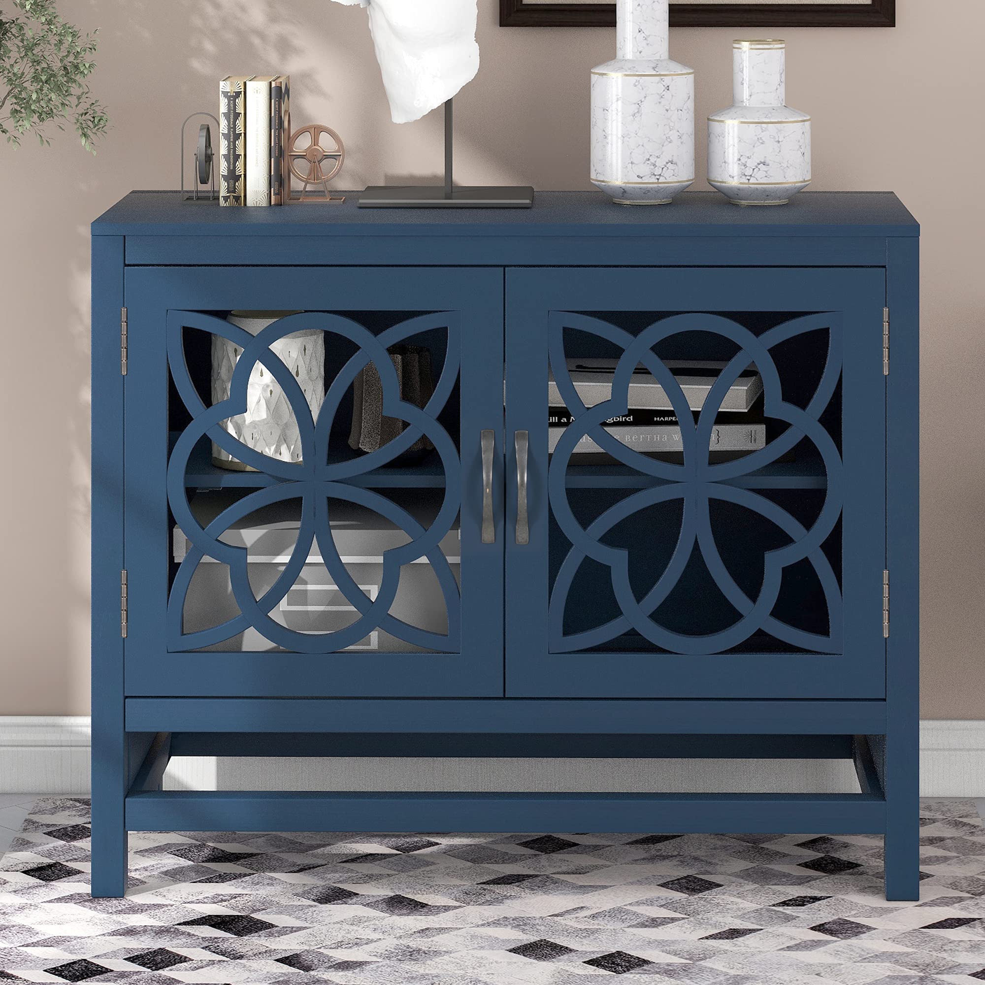 Vintage Wood Buffet Sideboard Storage Cabinet with Glass Door & Adjustable Shelf - Navy Blue Console Table for Entryway, Kitchen, Dining Room | Perfect for Home Decor, Entertaining & Organizing Dishes