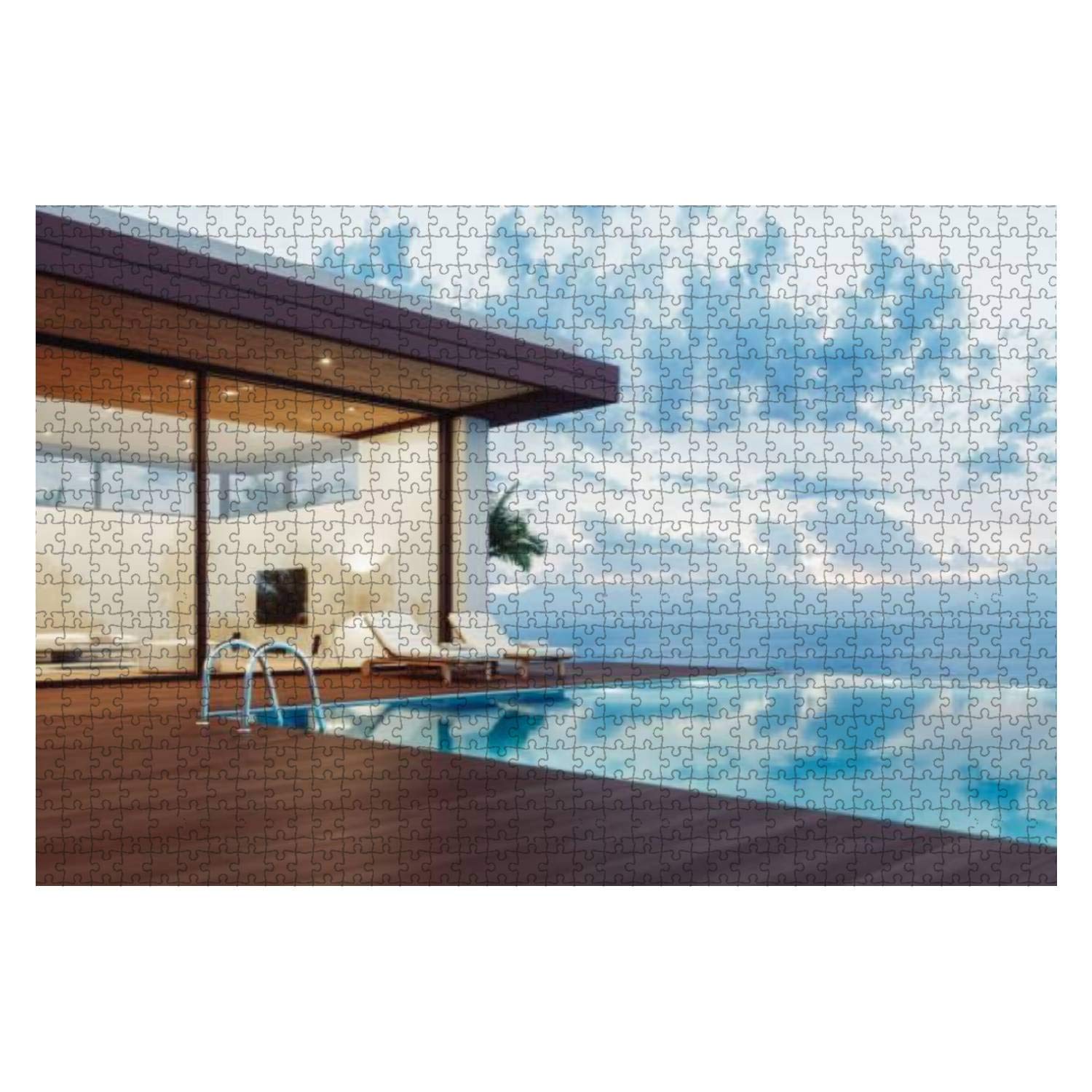 1000-Piece Wooden Jigsaw Puzzle - Modern Luxury House with Infinity Pool at Dawn - Educational & Stress Relief Toy for Kids and Adults - Perfect for Family Game Night, Classroom Activities, and Relaxation Therapy