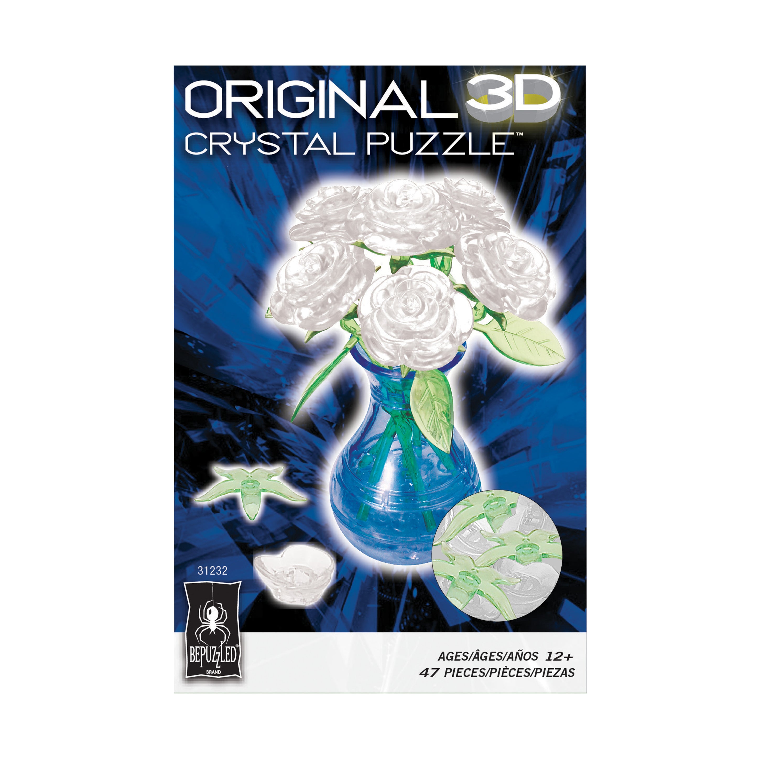3D Crystal Puzzle - Elegant White Roses in Vase 47 Piece Brain Teaser | Perfect for Adults Relaxation, Home Decor & Gift Giving