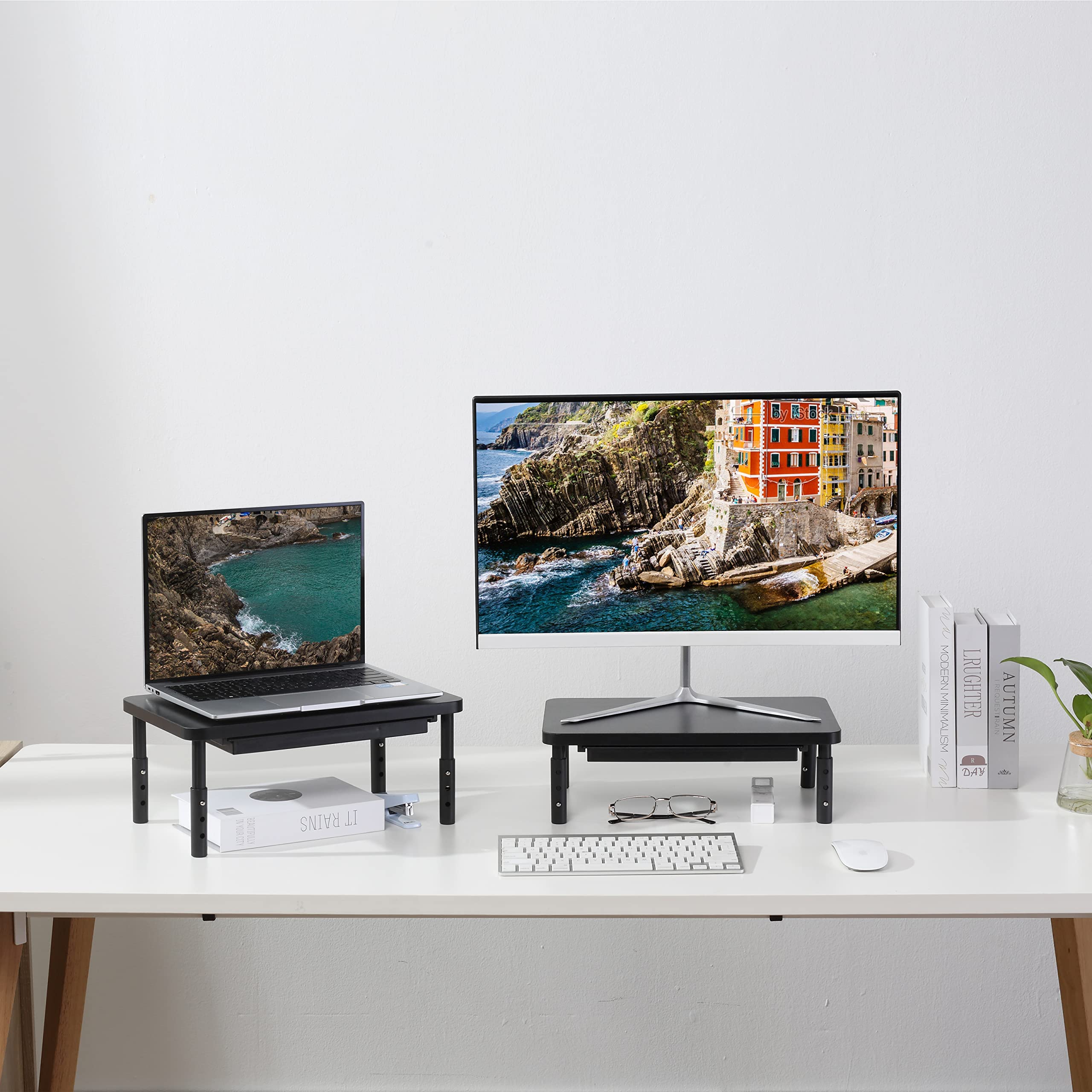 Adjustable Monitor Stand Riser - 3 Height Settings, Ergonomic Laptop & Computer Stand for Office & Home, Black Plastic Base for PC, iMac, Printer (Perfect for Workspace Organization & Eye Strain Relief)