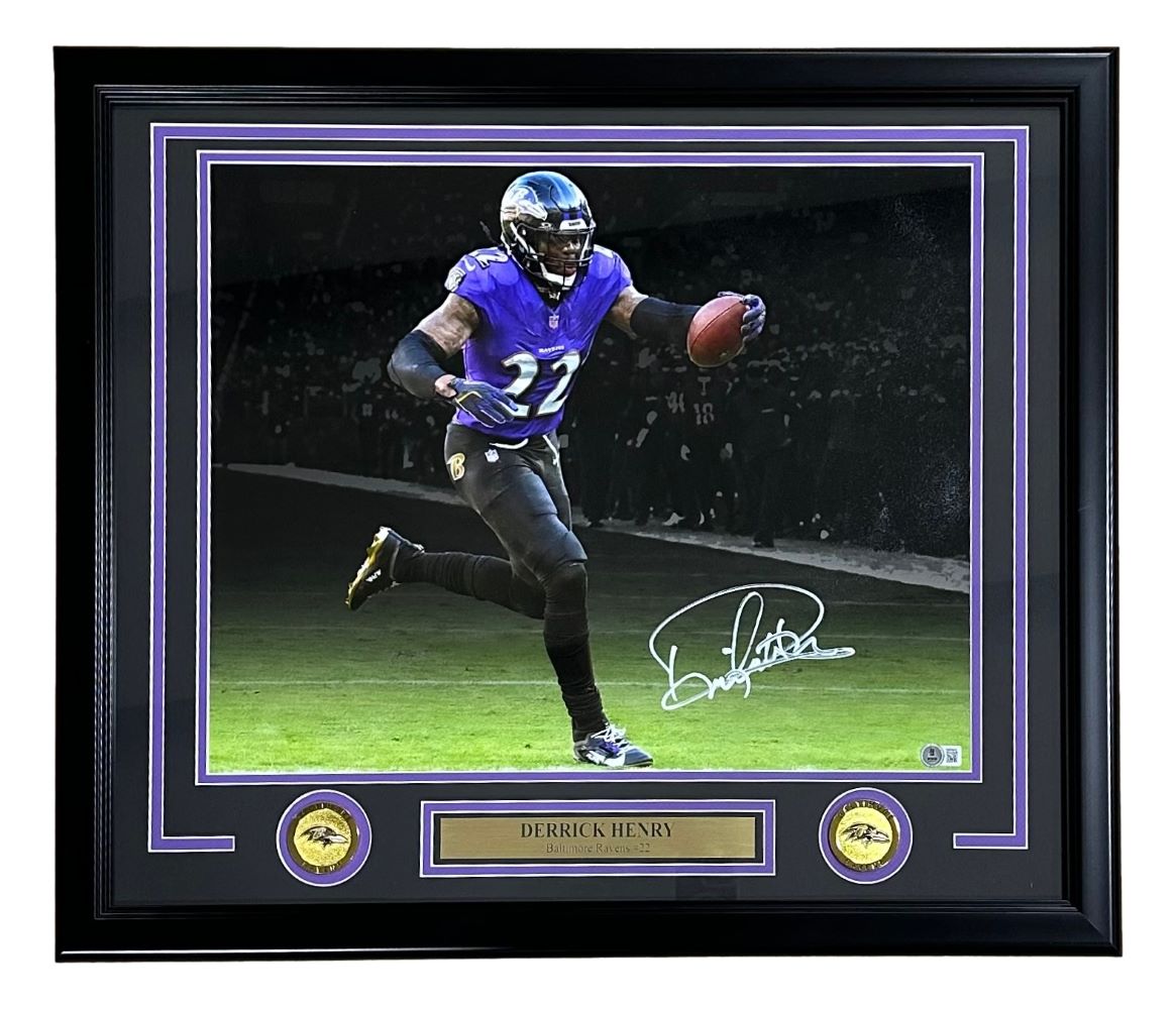 Derrick Henry Autographed Baltimore Ravens Purple Jersey Framed 16x20 Photo - Limited Edition Collectible for Sports Fans & Memorabilia Enthusiasts - Perfect for Man Cave, Game Room, or Office Decor