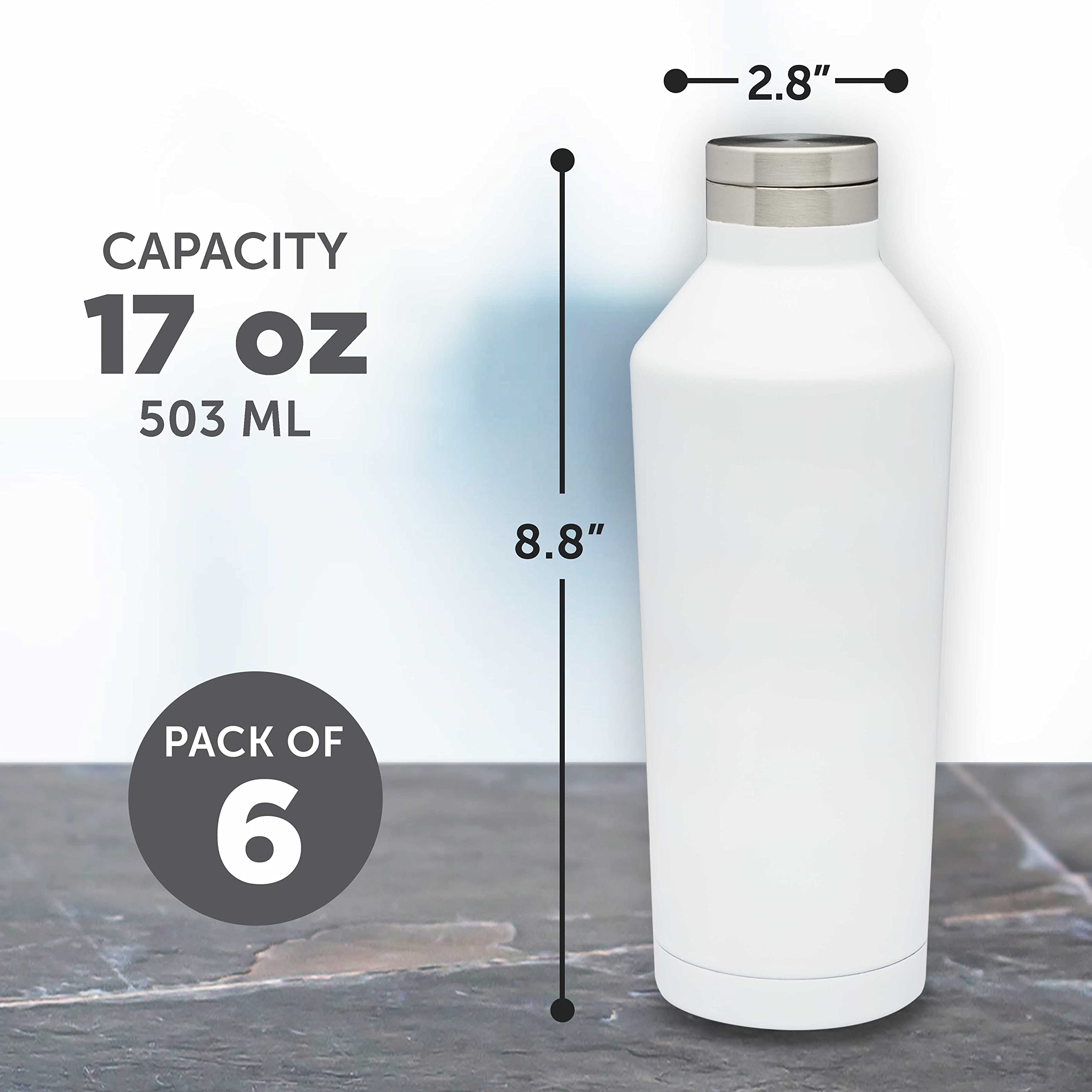 Premium 17oz Stainless Steel Water Bottles Set of 6 - Double Wall Vacuum Insulated for Hot & Cold Drinks - Bulk Pack White Bottles for Office, Gym, Camping & Outdoor Activities