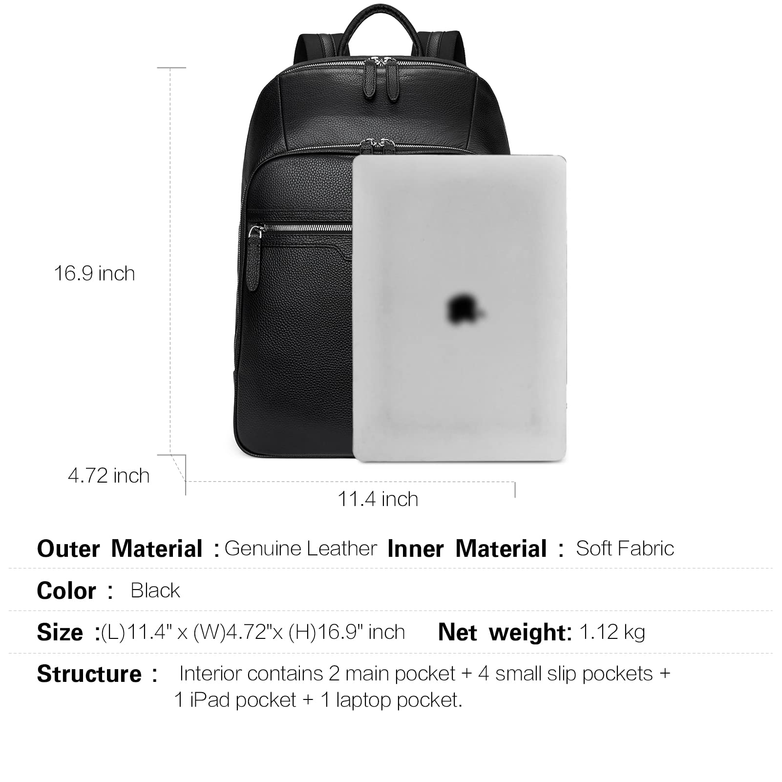 BOSTANTEN Men's Genuine Leather Backpack - 15.6 Inch Laptop Bag for Work, Travel & College - Durable Business Backpack with USB Charging Port - Perfect for Commuting, Office & School (Black)