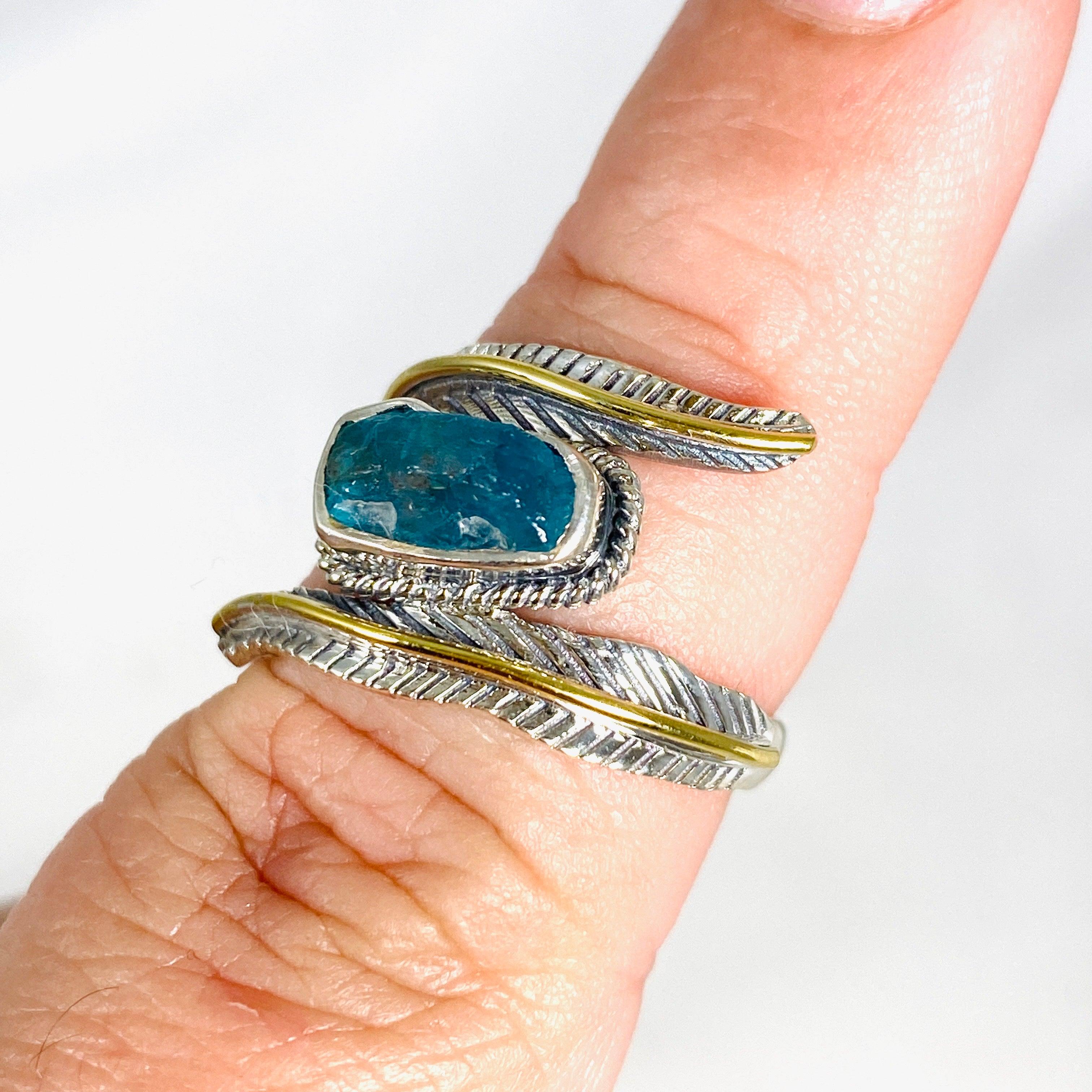 Natural Blue Apatite Leaf Design Raw Stone Ring R4224 - Handmade Boho Jewelry for Women, Nature-Inspired Statement Piece for Everyday Wear & Special Occasions