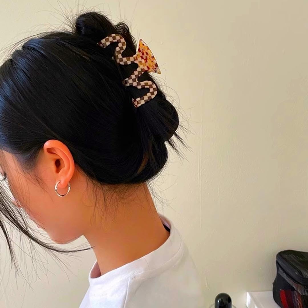 Large 3.5 Inch Tortoise Shell Hair Claw Clips - 2 Pack Cellulose Acetate Hair Clips for Women, French Design Checkered Jaw Clamps | Perfect for Updos, Ponytails & Everyday Hairstyles