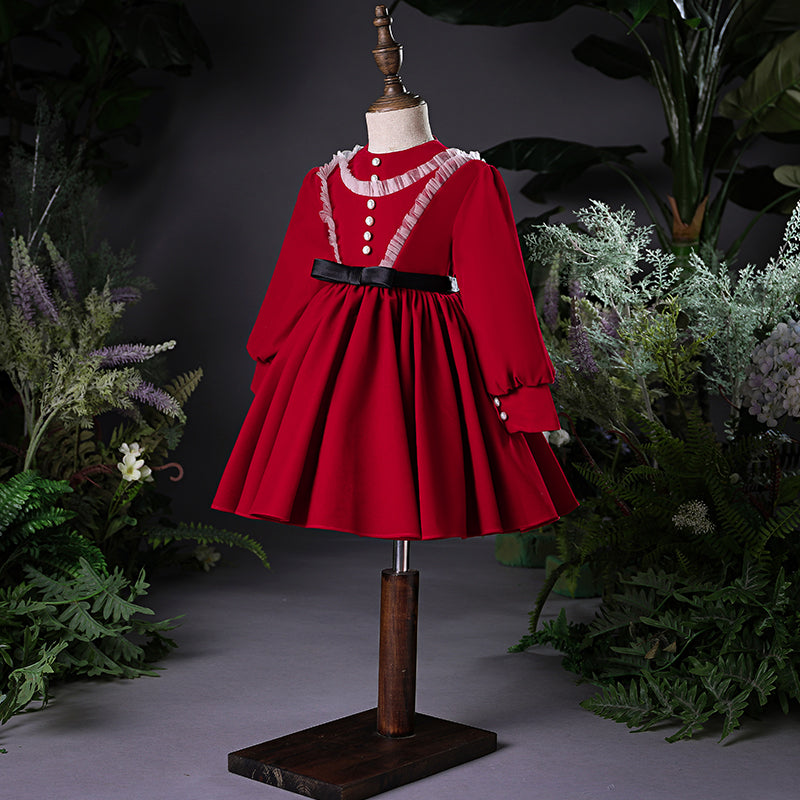 Burgundy A-Line Tea-Length Flower Girl Dress with Ruffles - Perfect for Weddings, Parties & Special Occasions