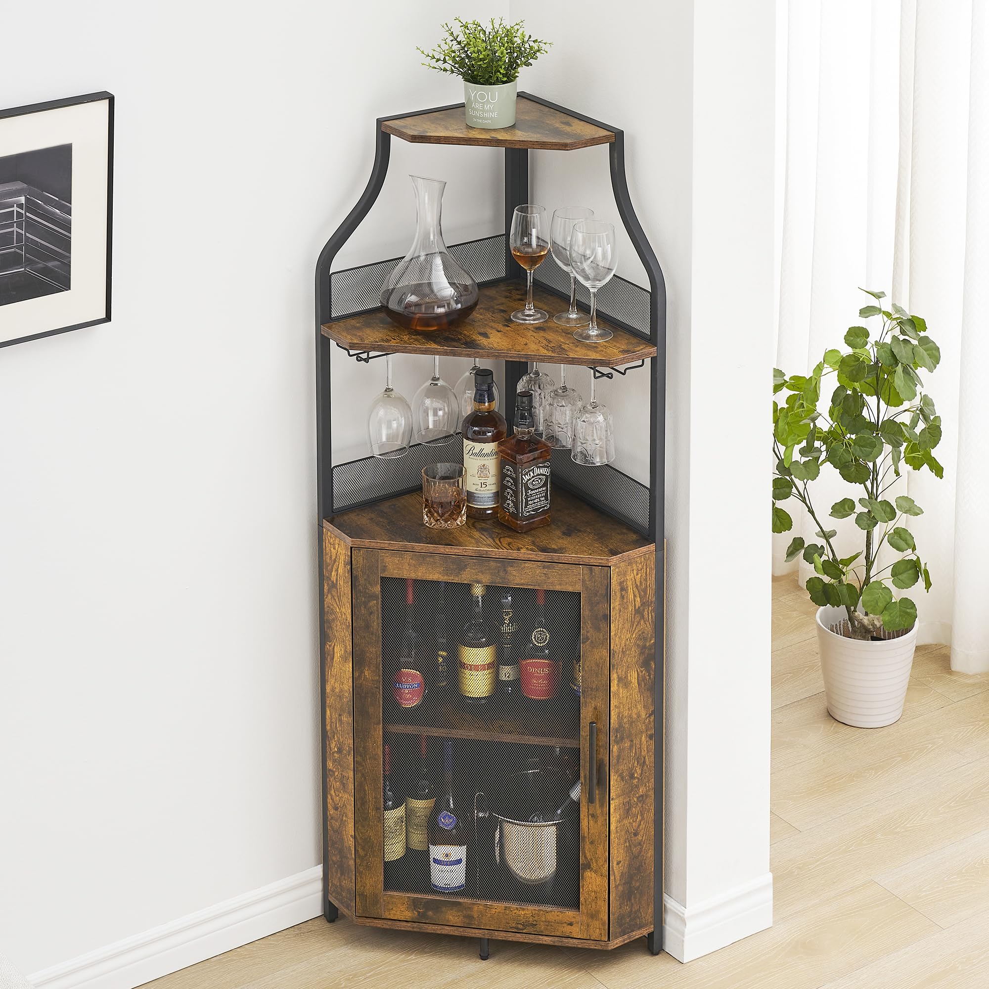 5-Tier Industrial Corner Wine Cabinet with Detachable Rack, Barn Door & Glass Holder - Rustic Brown Farmhouse Bar Cabinet for Dining Room, Kitchen or Home Bar Decor