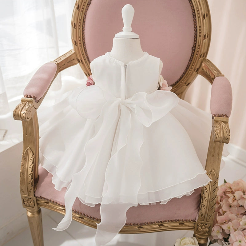 White Princess Round Tea Length Organza Flower Girl Dress for Weddings & Special Occasions