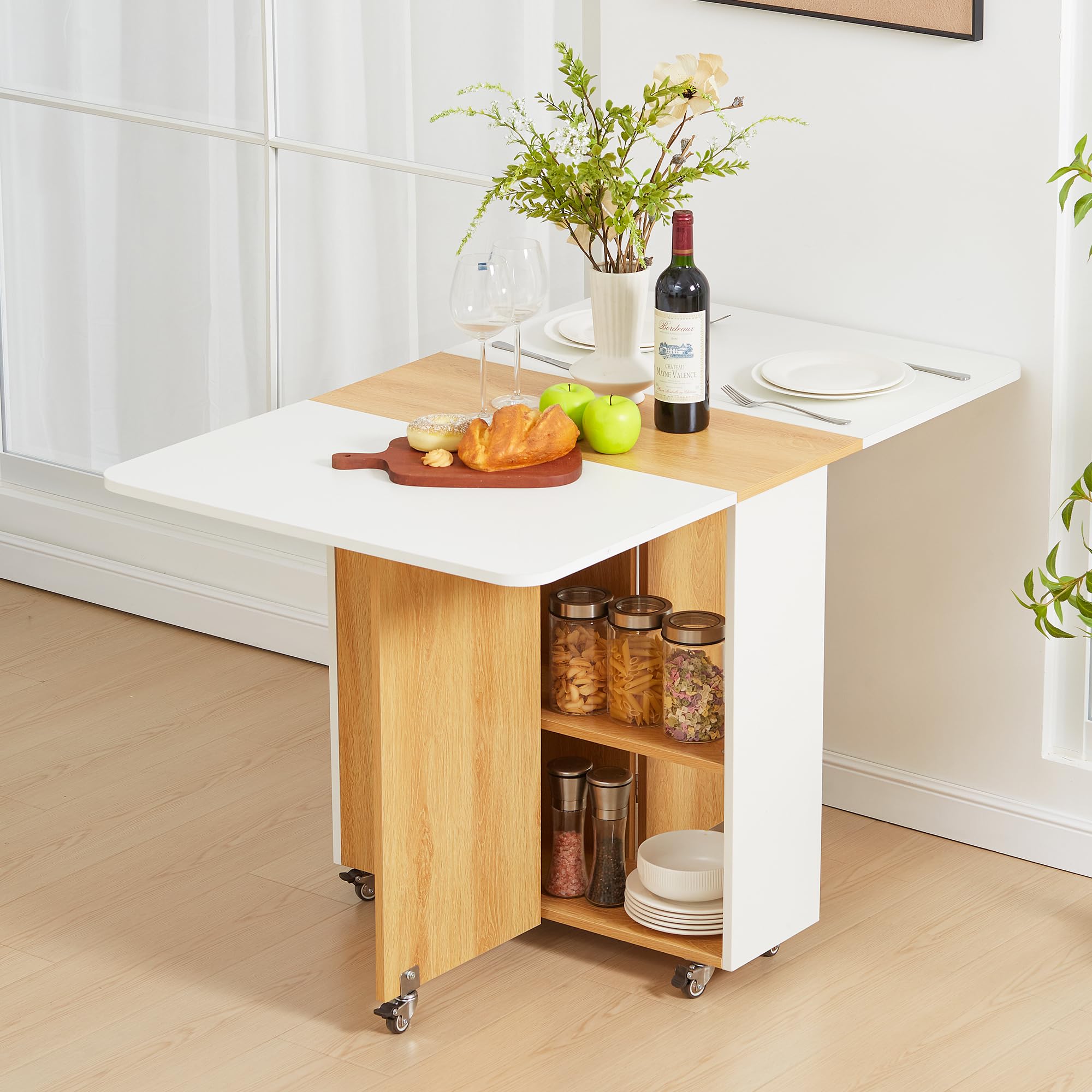 Space Saving Folding Dining Table with Lockable Wheels & Storage Drawer - Extendable Drop Leaf Kitchen Table for Small Apartments | Perfect for Compact Homes, Studio Living & Multi-Functional Dining Areas