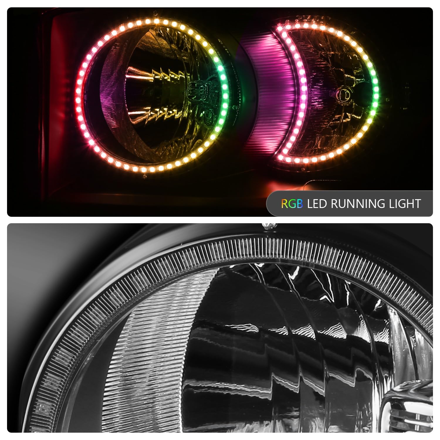 DNA MOTORING RGB LED Headlights for 06-09 Dodge Ram - Black/Amber - Off-Road & Night Driving