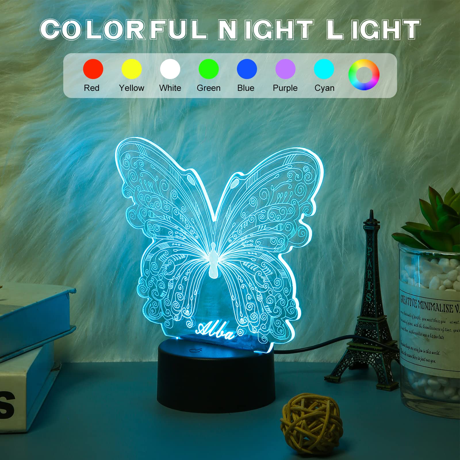 Personalized Butterfly Night Light with Custom Name - 3D Illusion USB Touch Desk Lamp for Bedroom Decor | Perfect Christmas Birthday Gift for Boys Girls | Great for Nursery Decor, Romantic Bedside Lighting & Kids Room Nightlight (Style 4)