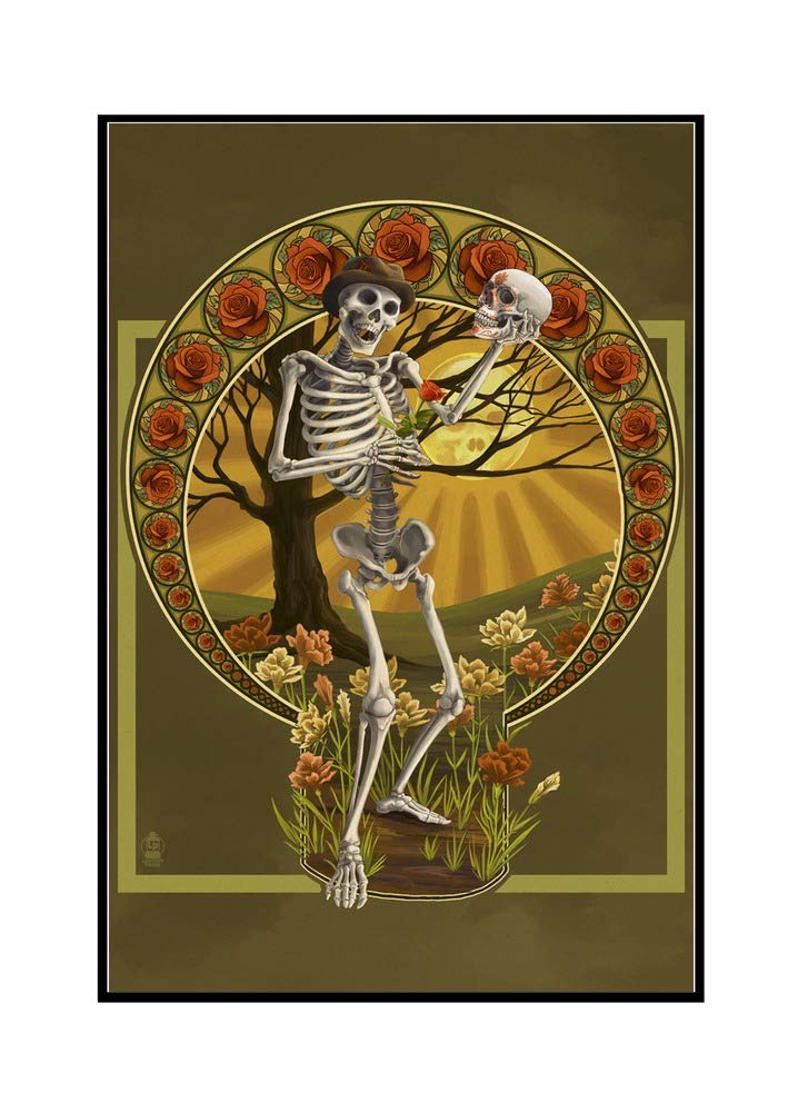 Day of the Dead Skeleton Holding Sugar Skull - 24x36 Framed Gallery Wrapped Canvas Wall Art - Mexican Folk Art Decor for Halloween, Dia de los Muertos Celebration & Home Decor