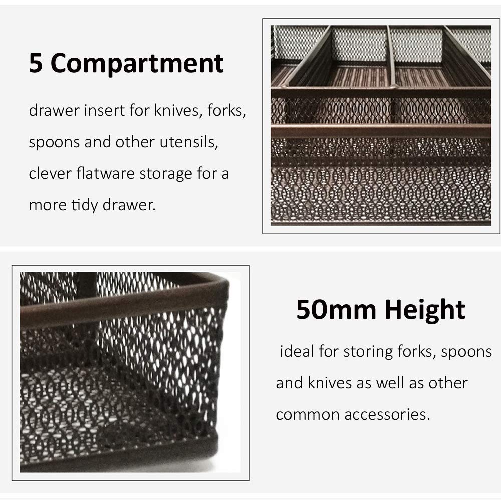 Stainless Steel Silverware Organizer Tray - 5 Compartment Kitchen Drawer Organizer for Forks, Spoons & Knives - Durable Flatware Holder for Utensil Storage - Perfect for Kitchen Organization & Dining Room Storage (Brown)