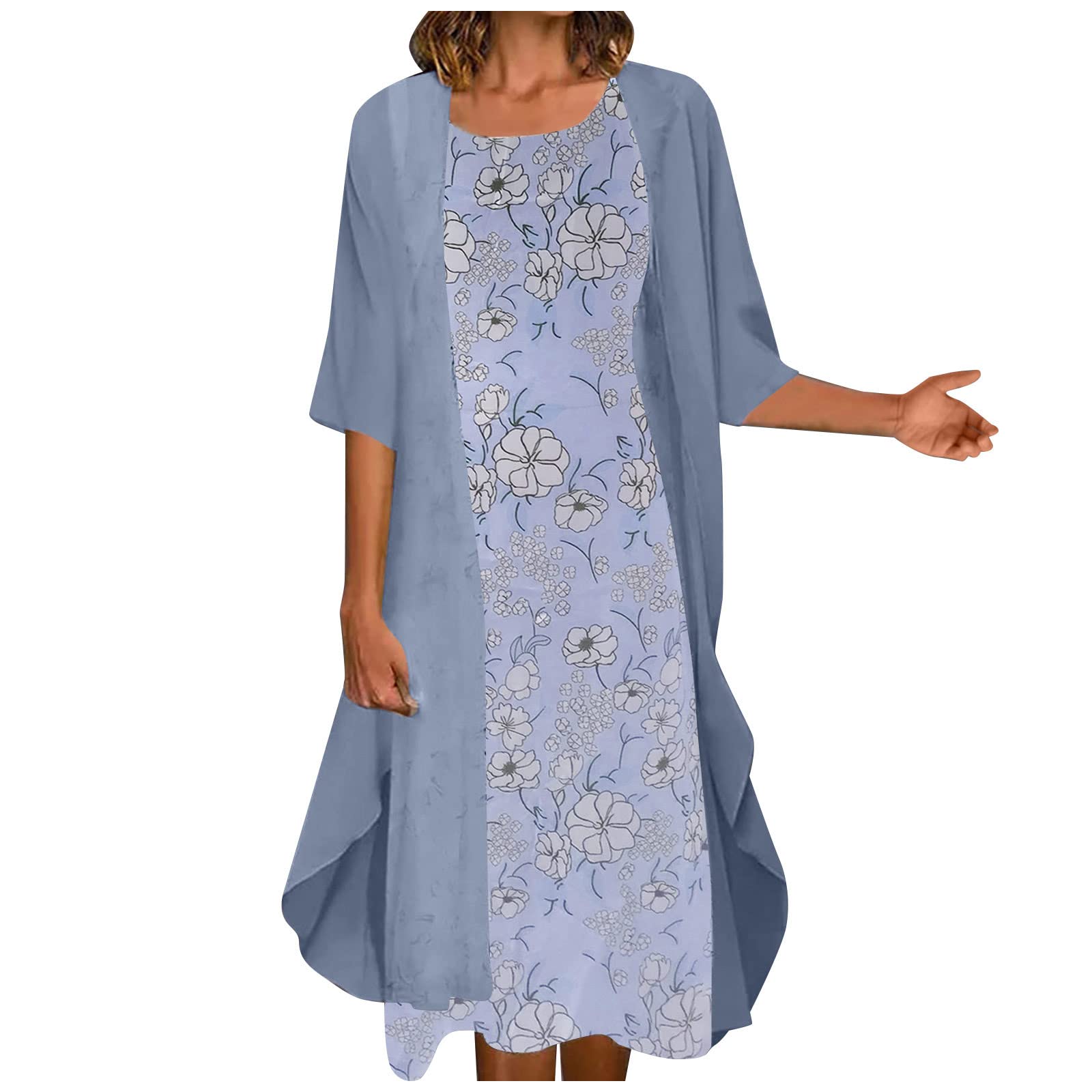 Women's 2 Piece Summer Casual Dress Set - Floral Print Chiffon Sundress with Crewneck Sleeve | Wedding Guest Outfit, Beach Vacation, Garden Party & Date Night Dress