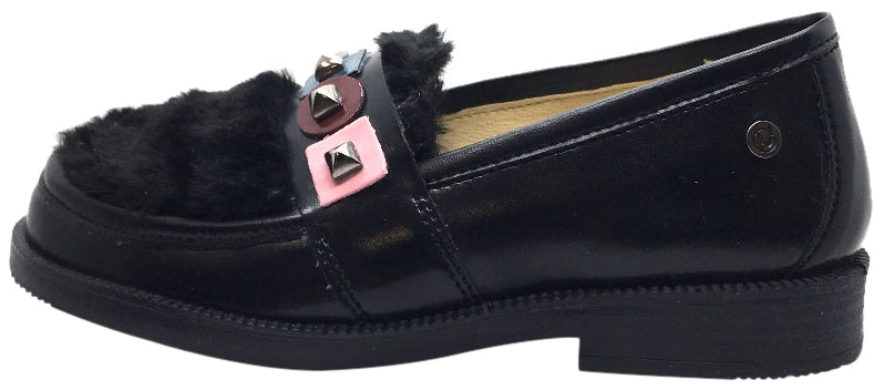 Naturino Girls 9211 Black Faux Fur Leather Slip-On Loafers with Studs - Soft Platform Shoes for School, Casual Wear & Outfits