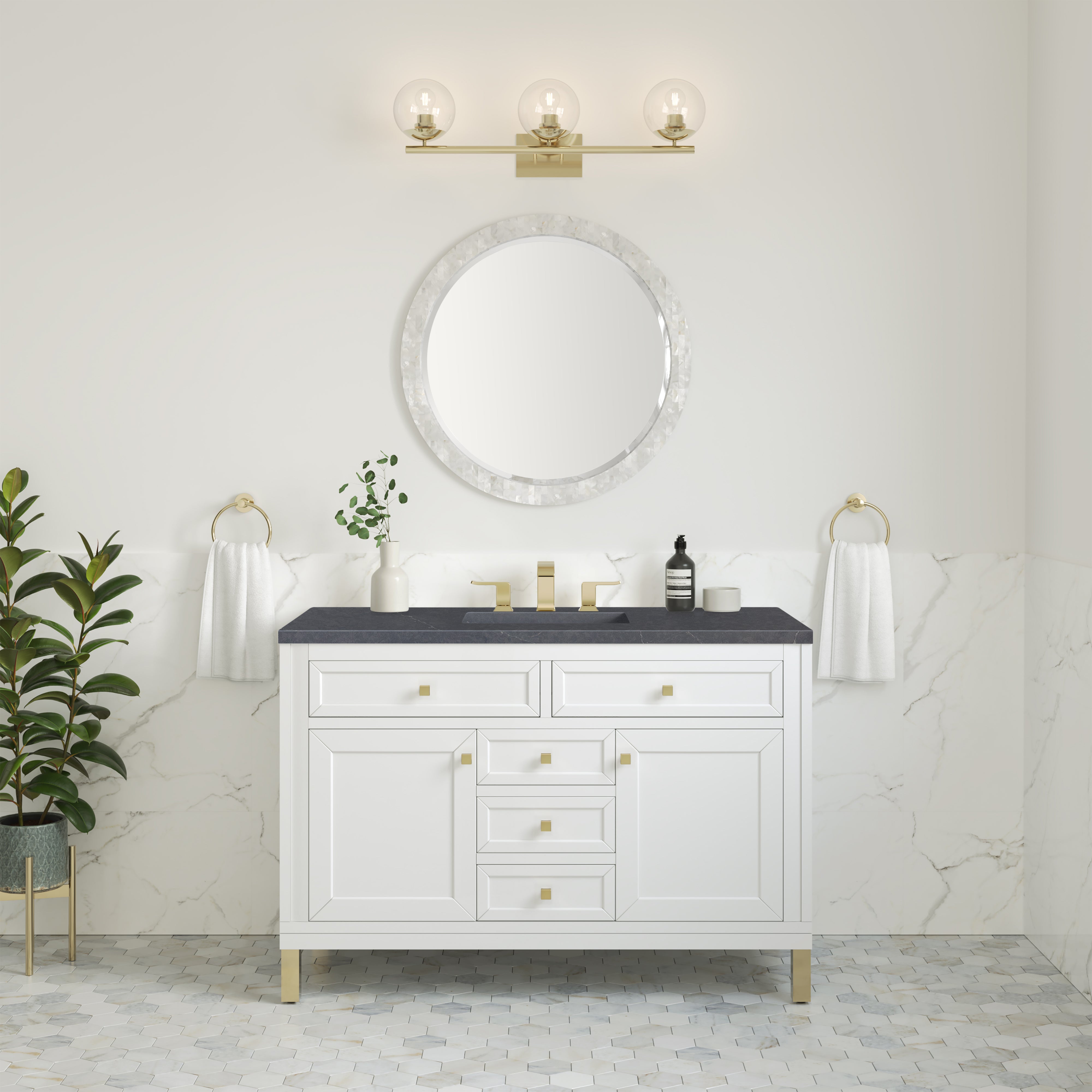 Chicago 48 Inch Single Bathroom Vanity with Glossy White Finish & 3CM Charcoal Soapstone Top - Perfect for Modern Master Bathrooms and Powder Rooms