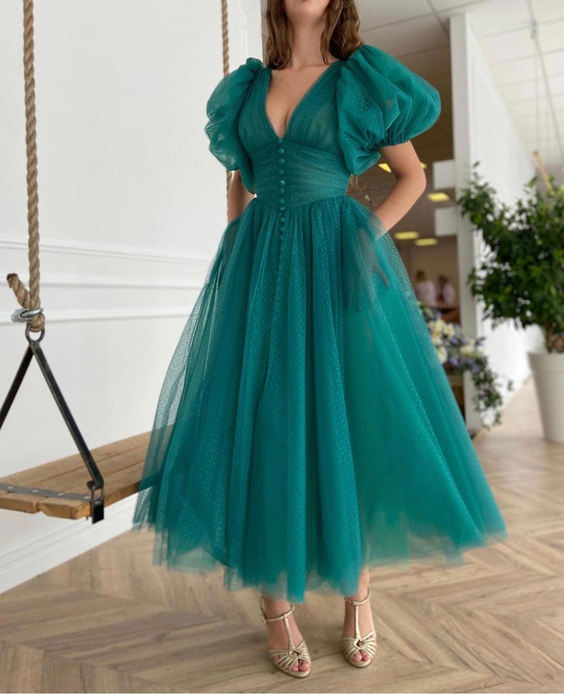 Elegant Royal Blue Puffy Sleeve Prom Dress for Women | Tea-Length A-Line Formal Evening Gown | Plus Size Wedding Ball Gown for Bride | Perfect for Prom, Homecoming, Quinceanera & Special Occasions
