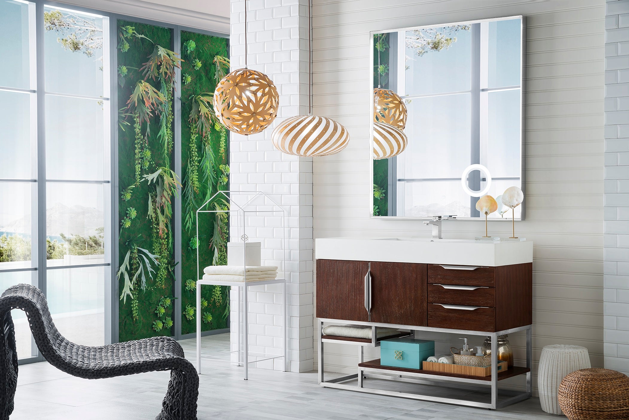 Columbia 48 Inch Single Bathroom Vanity in Coffee Oak with Glossy White Composite Top - Perfect for Modern Home Renovation and Small Space Bathroom Design