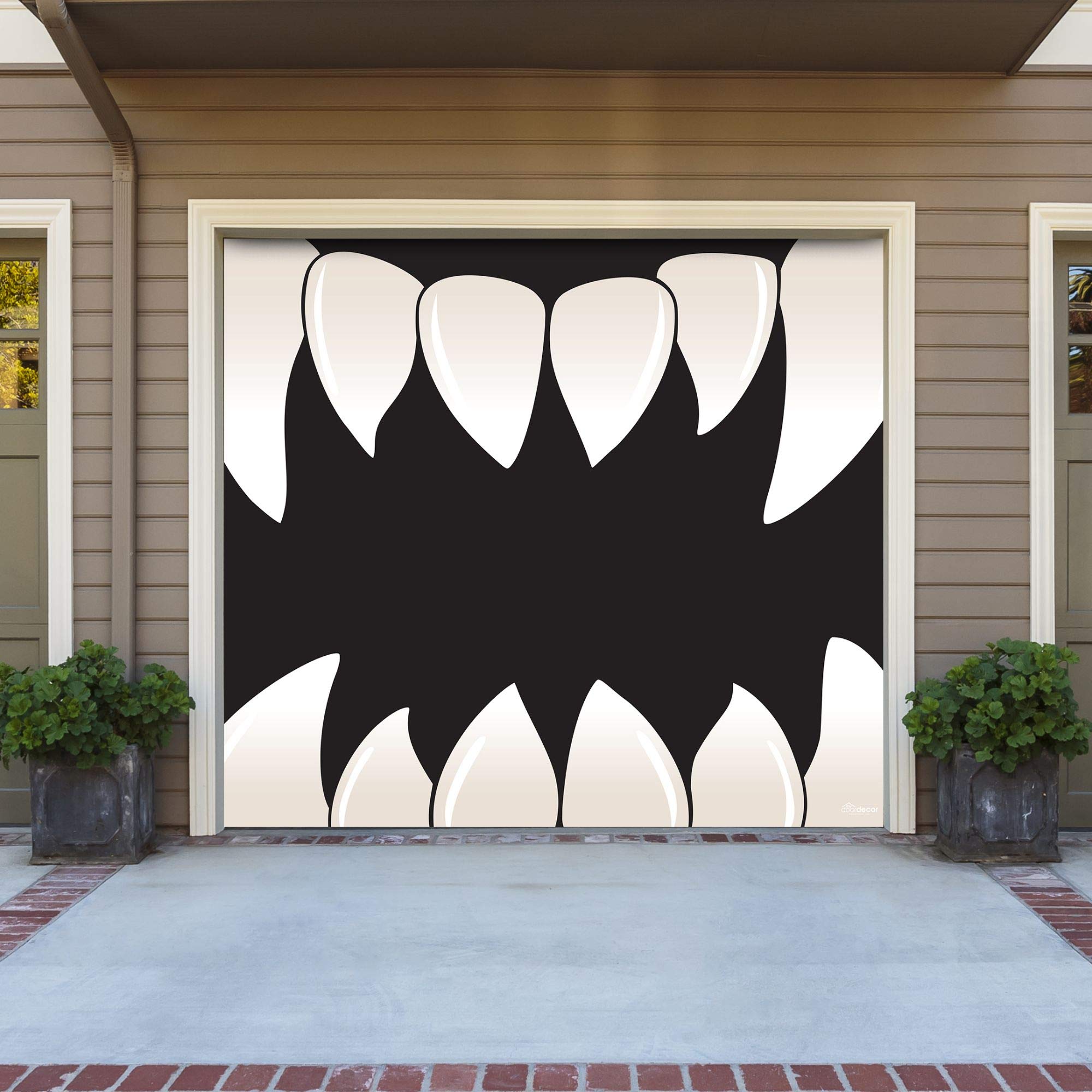 7' x 8' Black and White Scary Teeth Halloween Garage Door Banner - Spooky Outdoor Decoration for Trick or Treaters & Haunted House Party Decor
