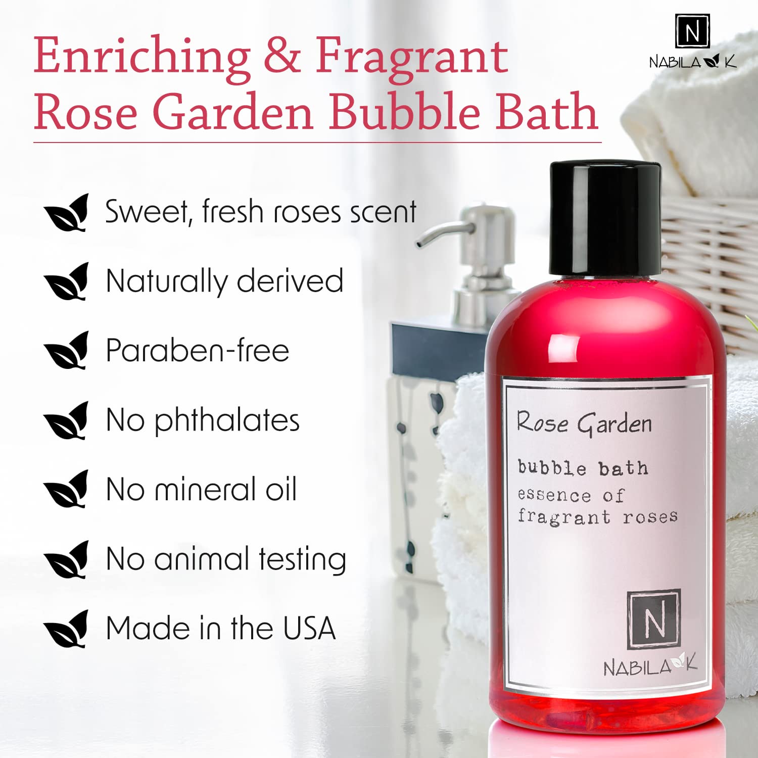 Nabila K Rose Garden Bubble Bath - Natural Essential Oils for Sensitive Skin, Tear-Free & Moisturizing - Gentle Luxury Bath for Women & Men, 8 oz - Perfect for Relaxation, Spa Days & Self-Care Routines