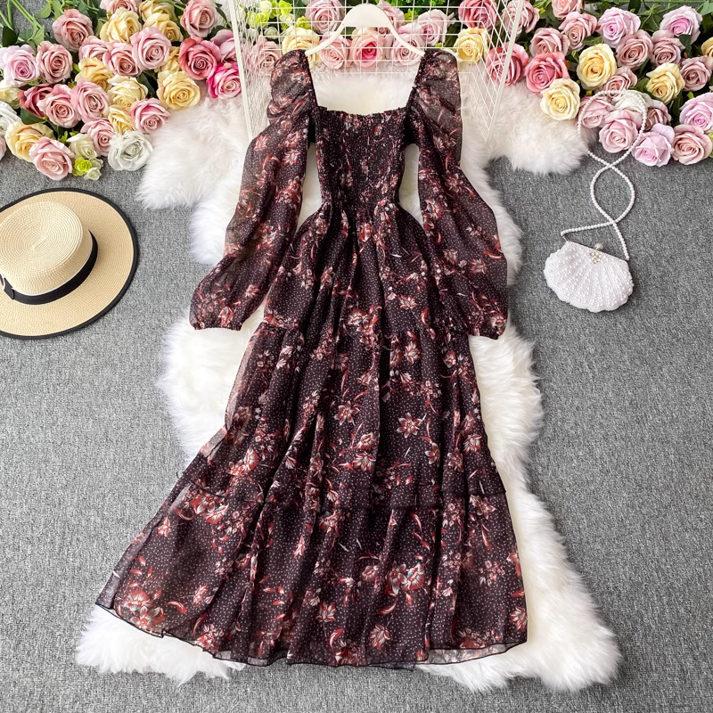 Vintage Floral Print Long Sleeve Dress for Women | Autumn Fairy Style Boho Maxi Dress | Perfect for Fall Weddings, Parties & Photo Shoots
